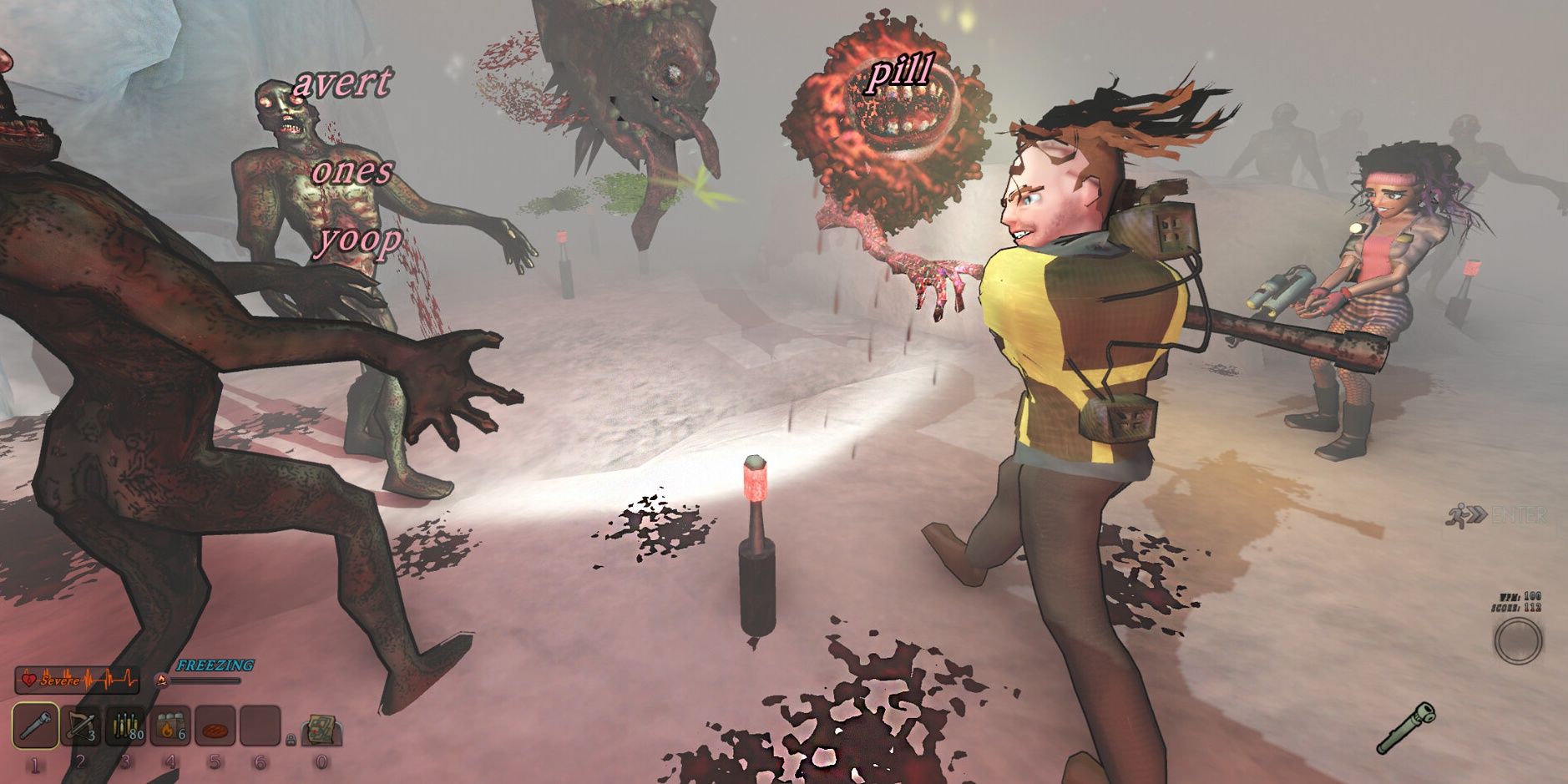 Blood Typers: Monsters and their target phrases on top of them.