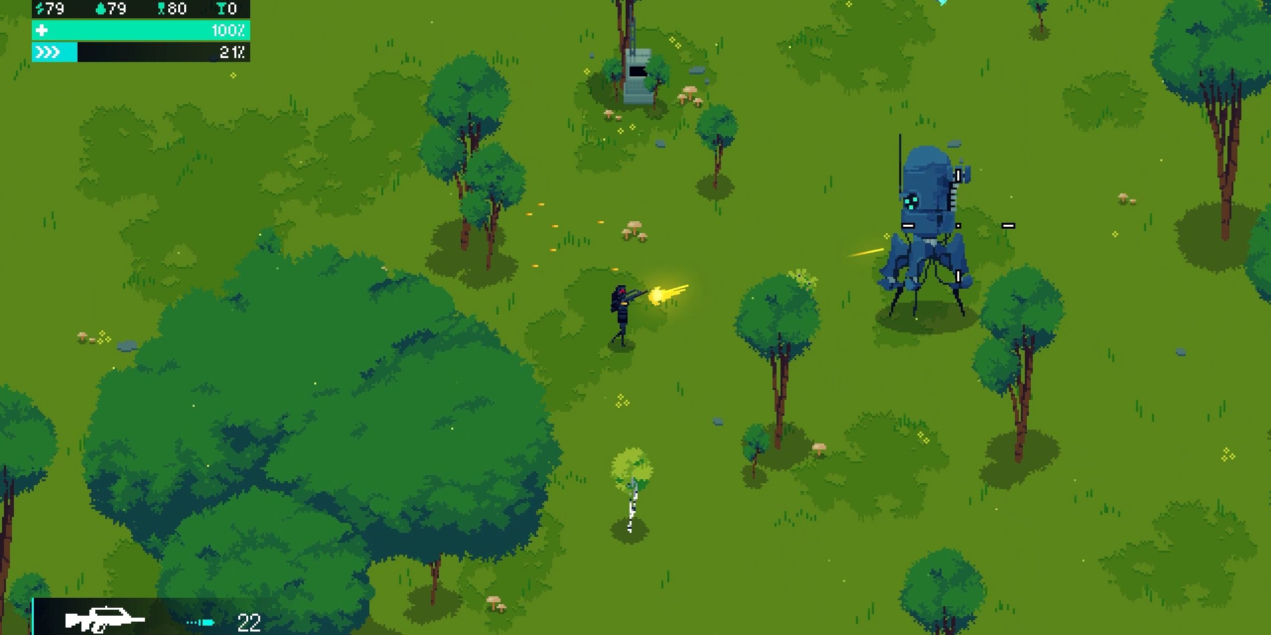 Blood Running: A scavenger having a firefight with a large android in the woods.