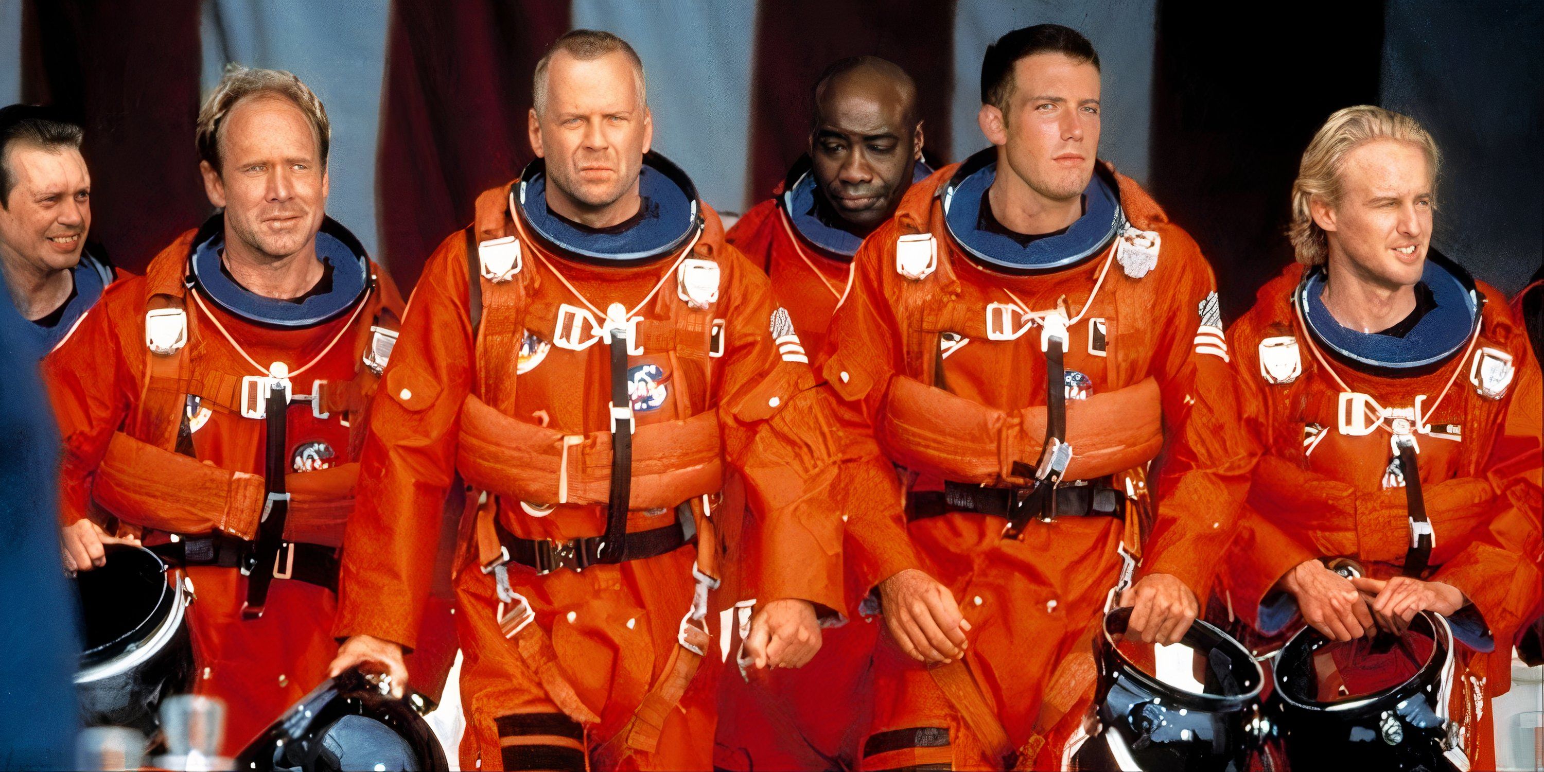 Bruce Willis, Ben Affleck, Owen Wilson, Michael Clarke Duncan, Steve Buscemi, and Will Patton in Armageddon.
