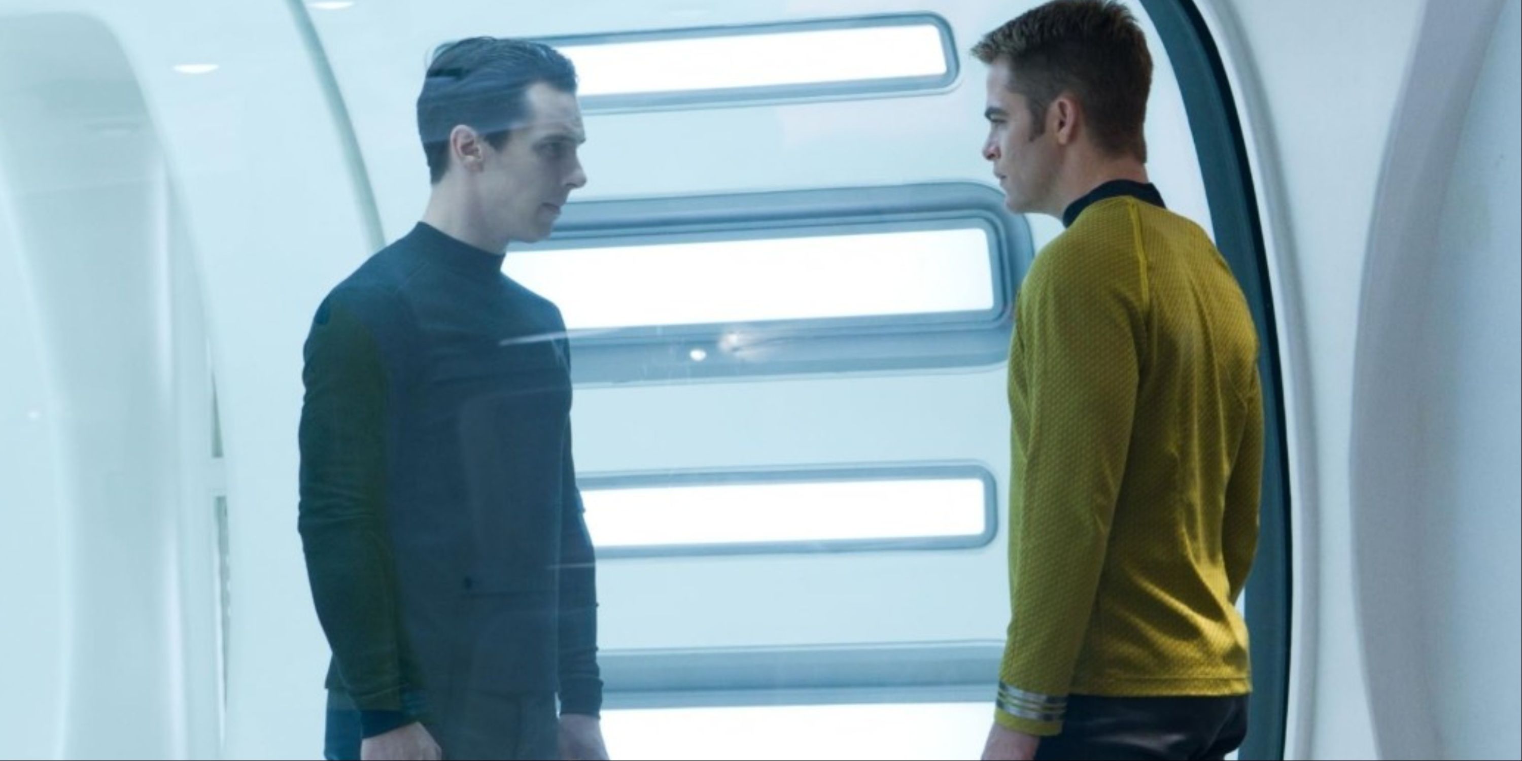 Chris Pine as Captain Kirk talking to Benedict Cumberbtach's Khan through a cell in Star Trek Into Darkness.