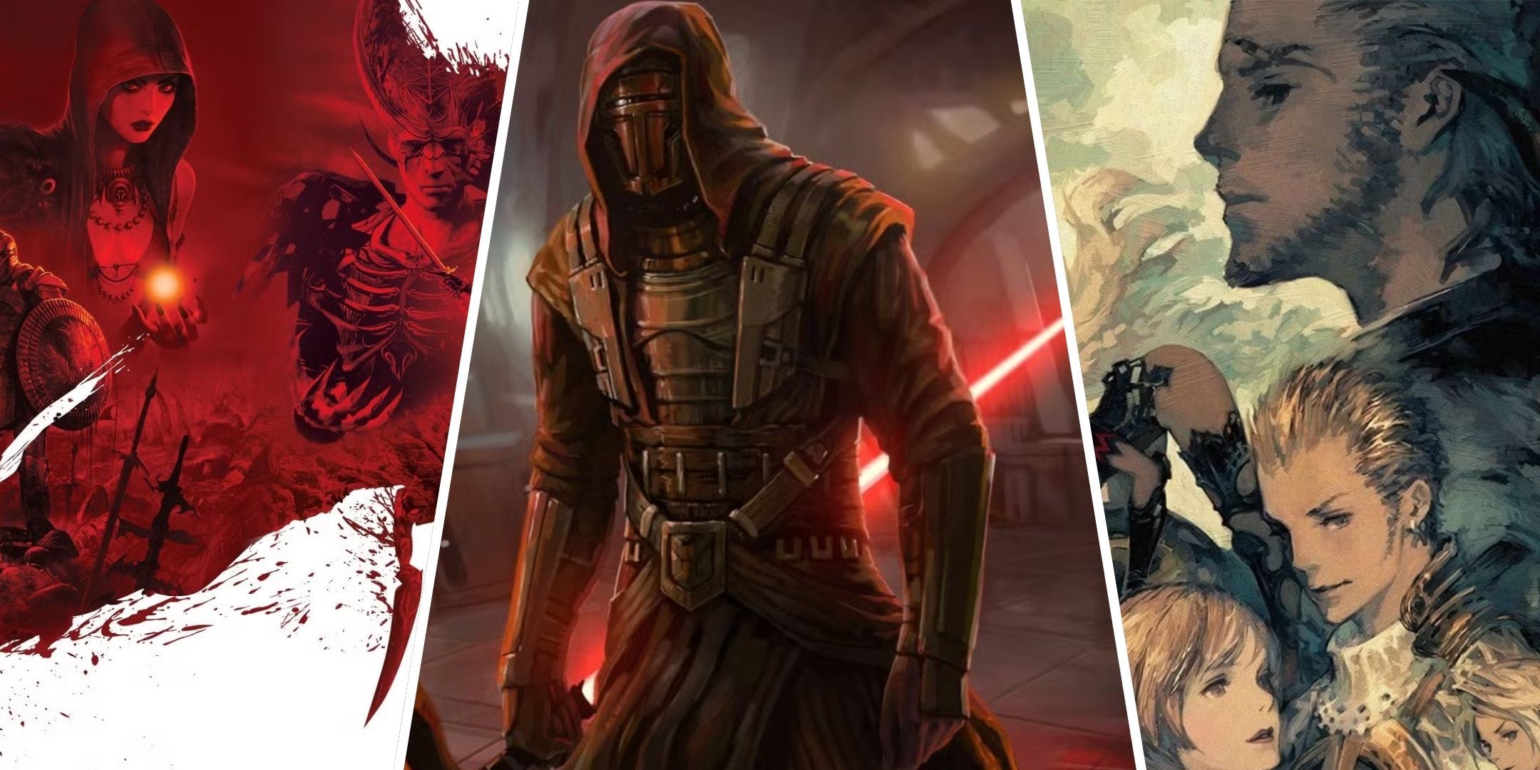 Split image of Dragon Age: Origins, Star Wars: Knights of the Old Republic, and Final Fantasy 12.