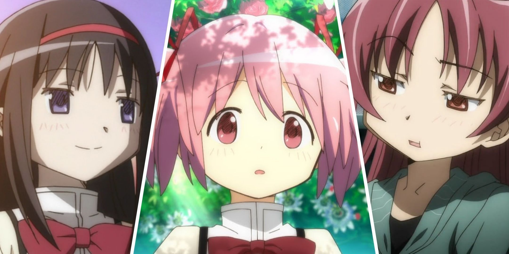 Split image of Homura, Madoka and Kyoko from Madoka Magica.