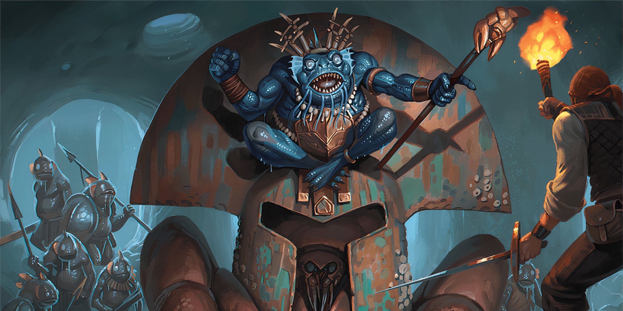 A Kuo-toa, a frog-like creature, on its throne in Dungeons & Dragons. 