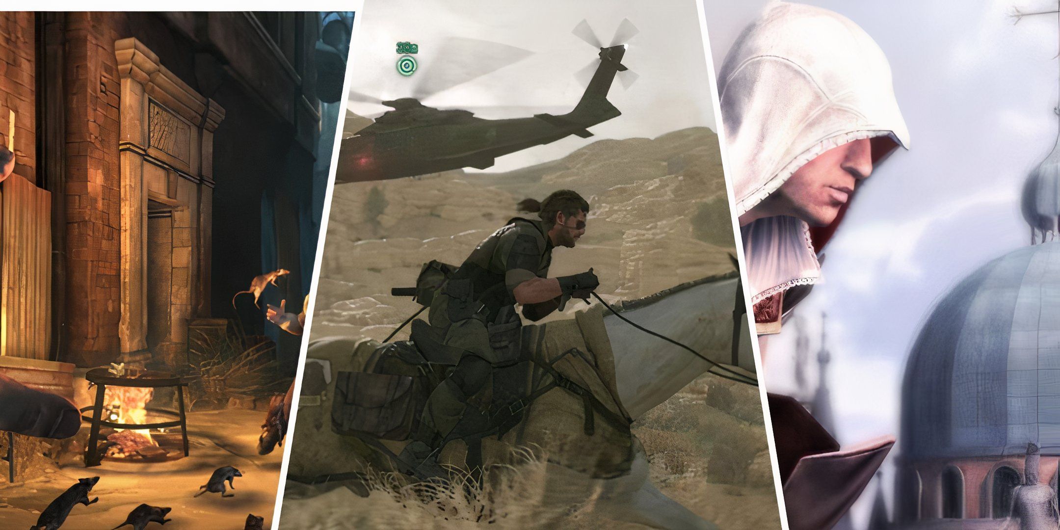 A collage of a campfire from Dishonored, Snake riding a horse in Metal Gear, and Ezio from Assassin's Creed 2.