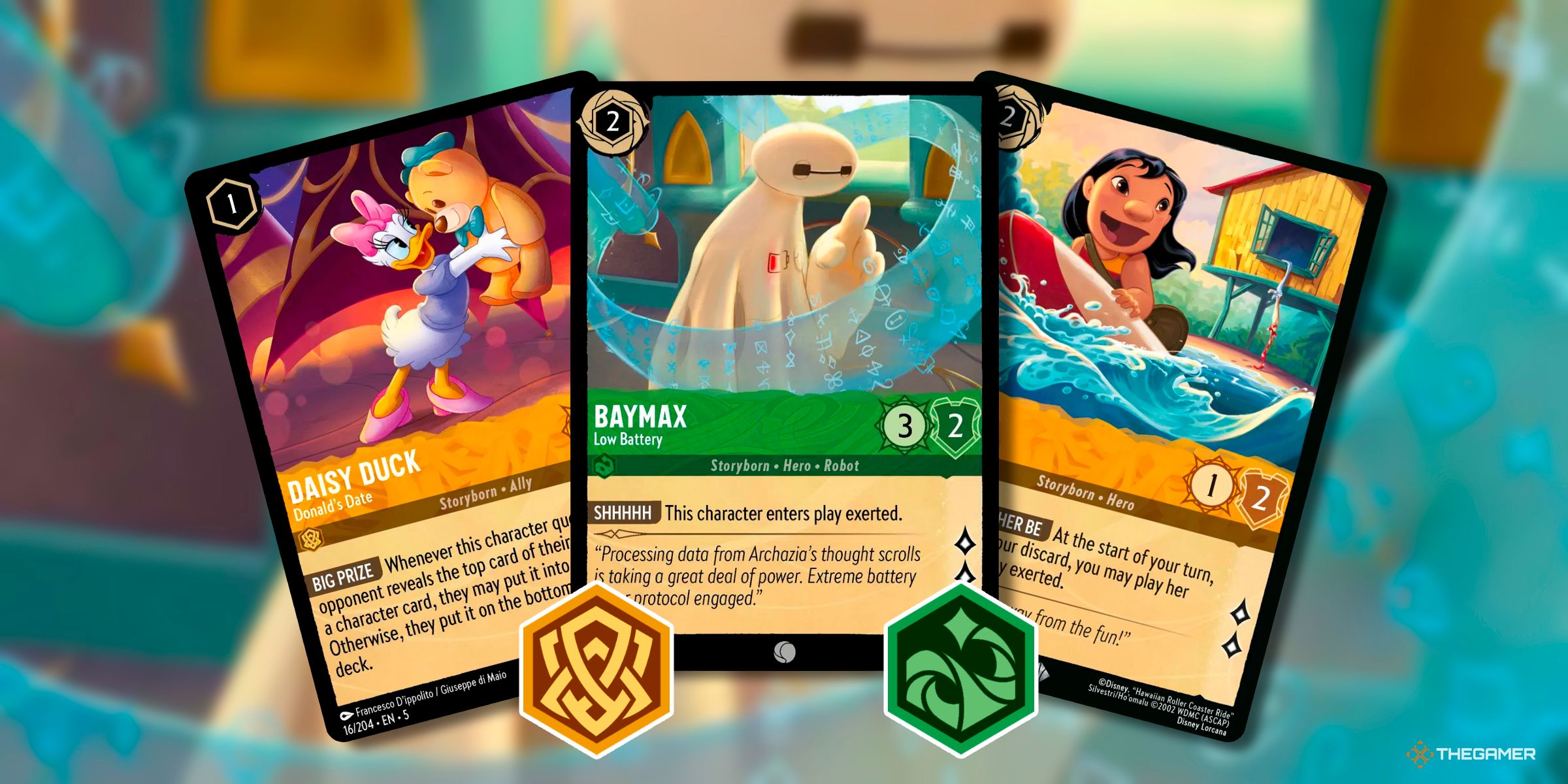 Daisy Duck - Donald's Date, Baymax - Low Battery, And Lilo - Escape Artist Cards From Various Sets Of Disney Lorcana.