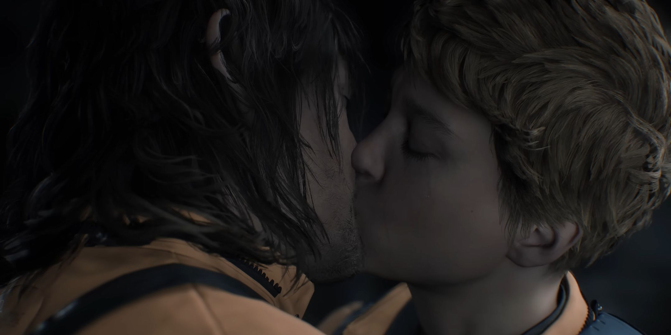 Sam and Fragile kissing in Death Stranding 2: On the Beach.