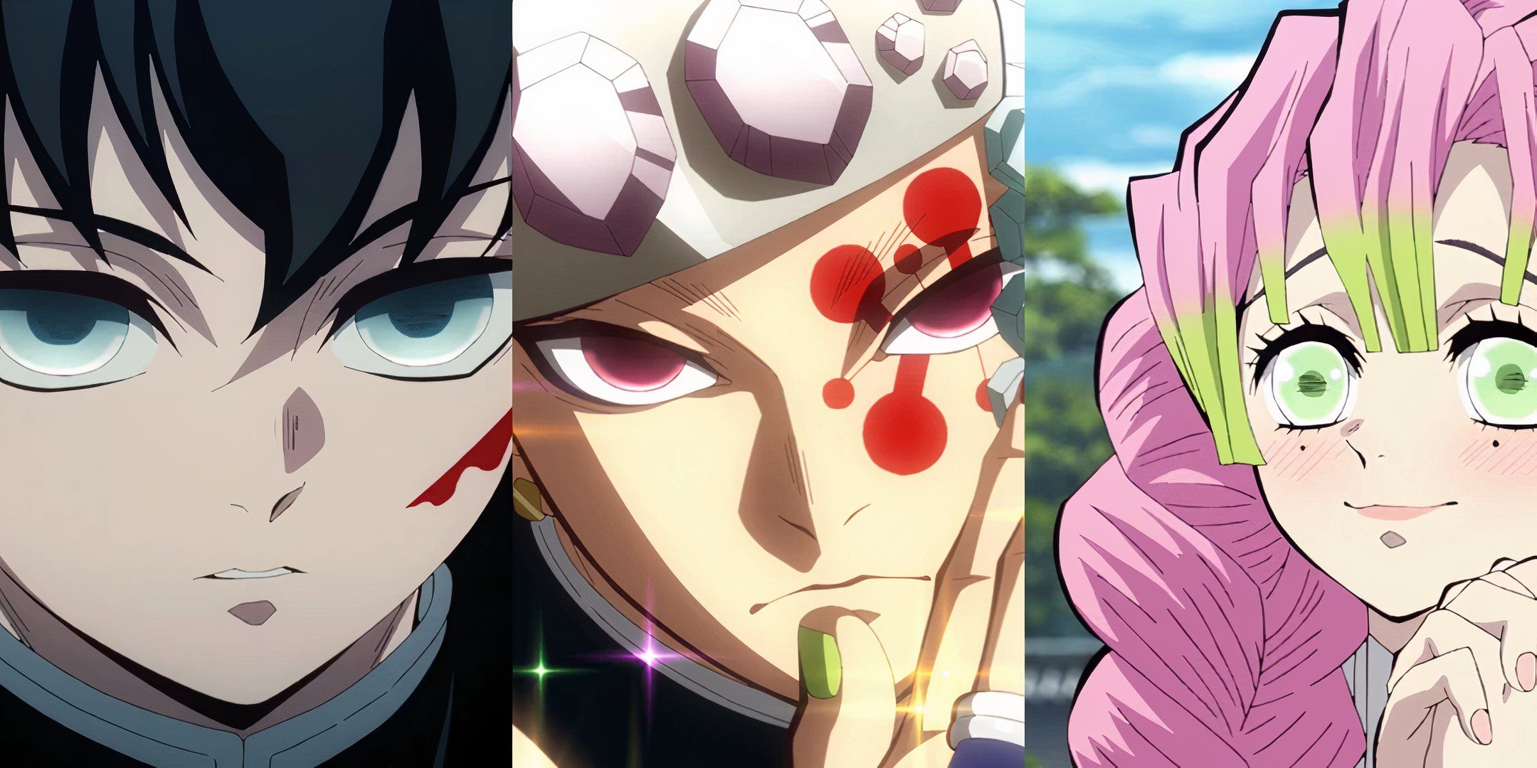 Muichiro Tokito on the left, Tengen Uzui in the middle, and Mitsuri Kanroji on the right from Demon Slayer.