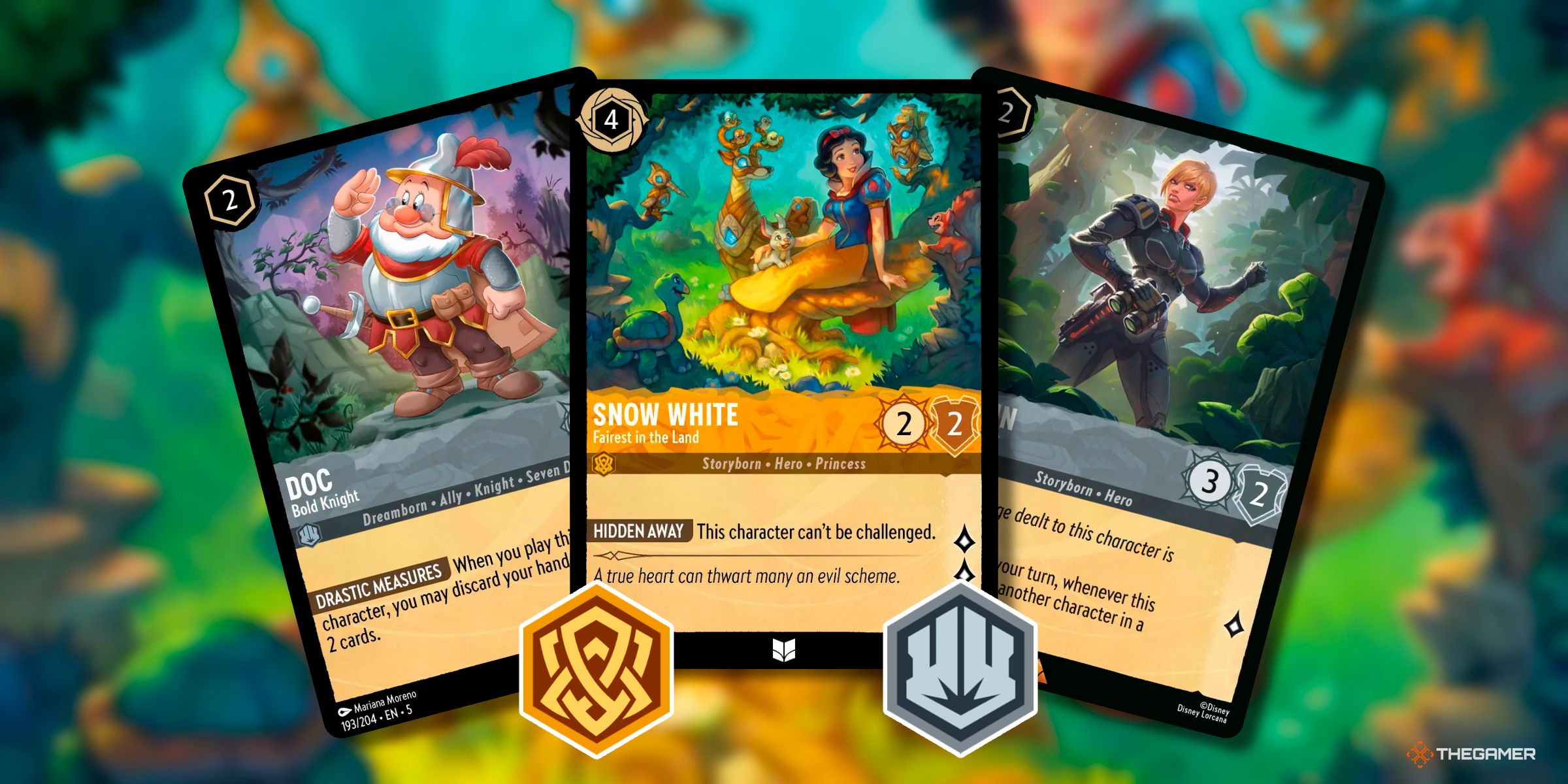 Doc - Bold Knight, Snow White - Fairest in the Land, And Calhoun - Marine Sergeant From Various Set Of Disney Lorcana.