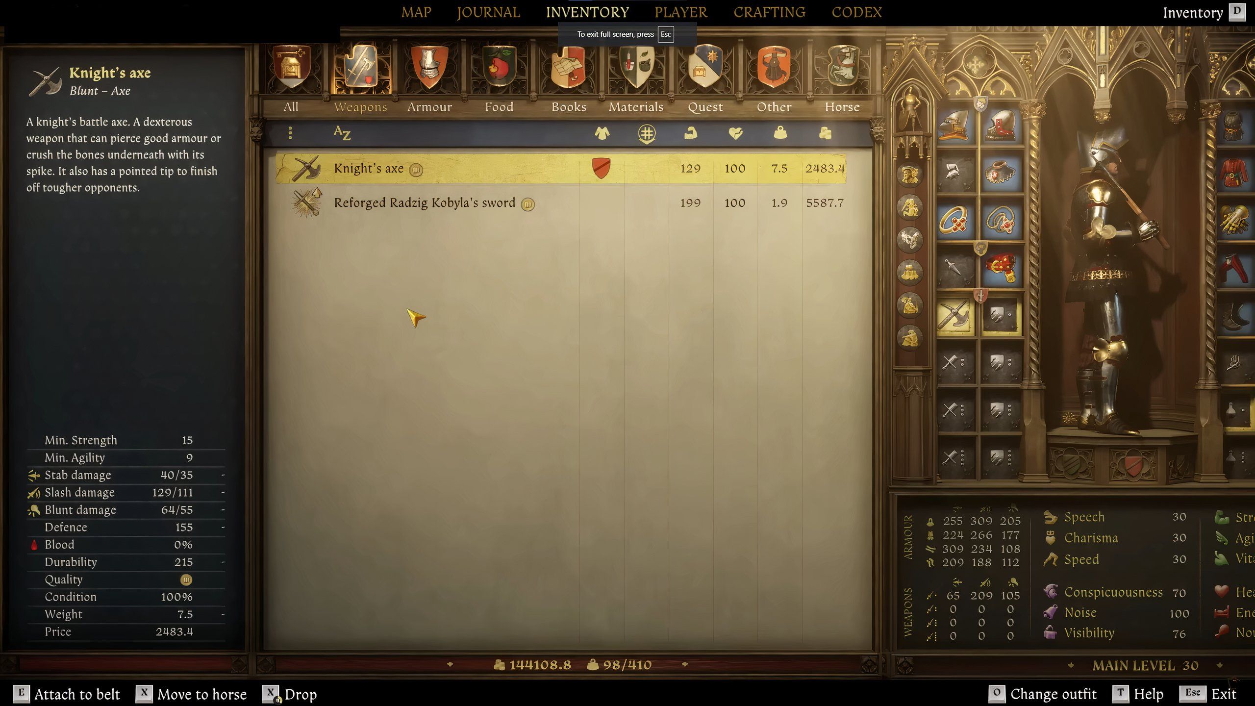 Examing the Knights axe in kingdom come deliverance 2.