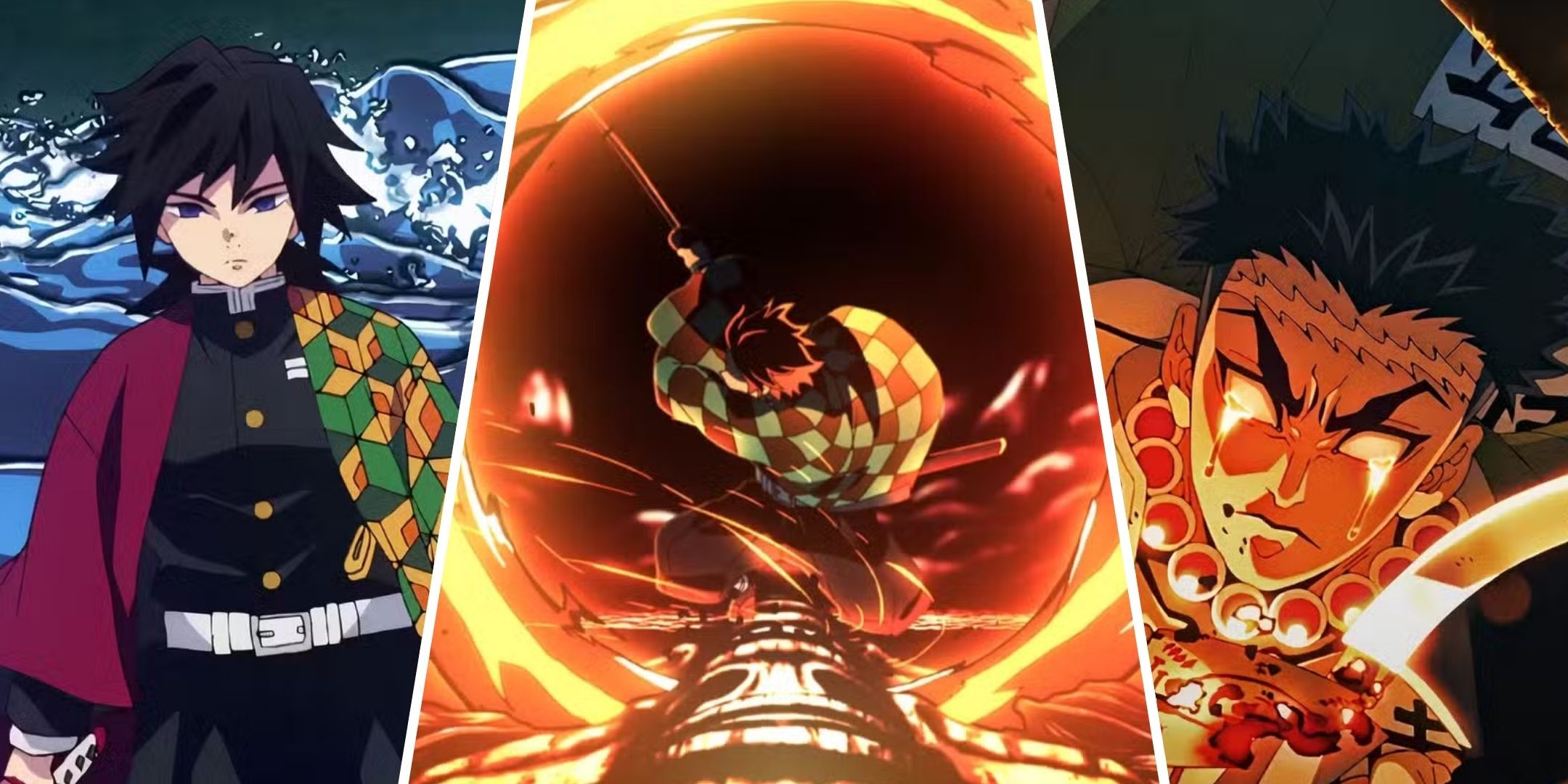 Featured image of the article 10 Best Breathing Forms In Demon Slayer showcasing Giyu, Tanjiro, and Gyomei.