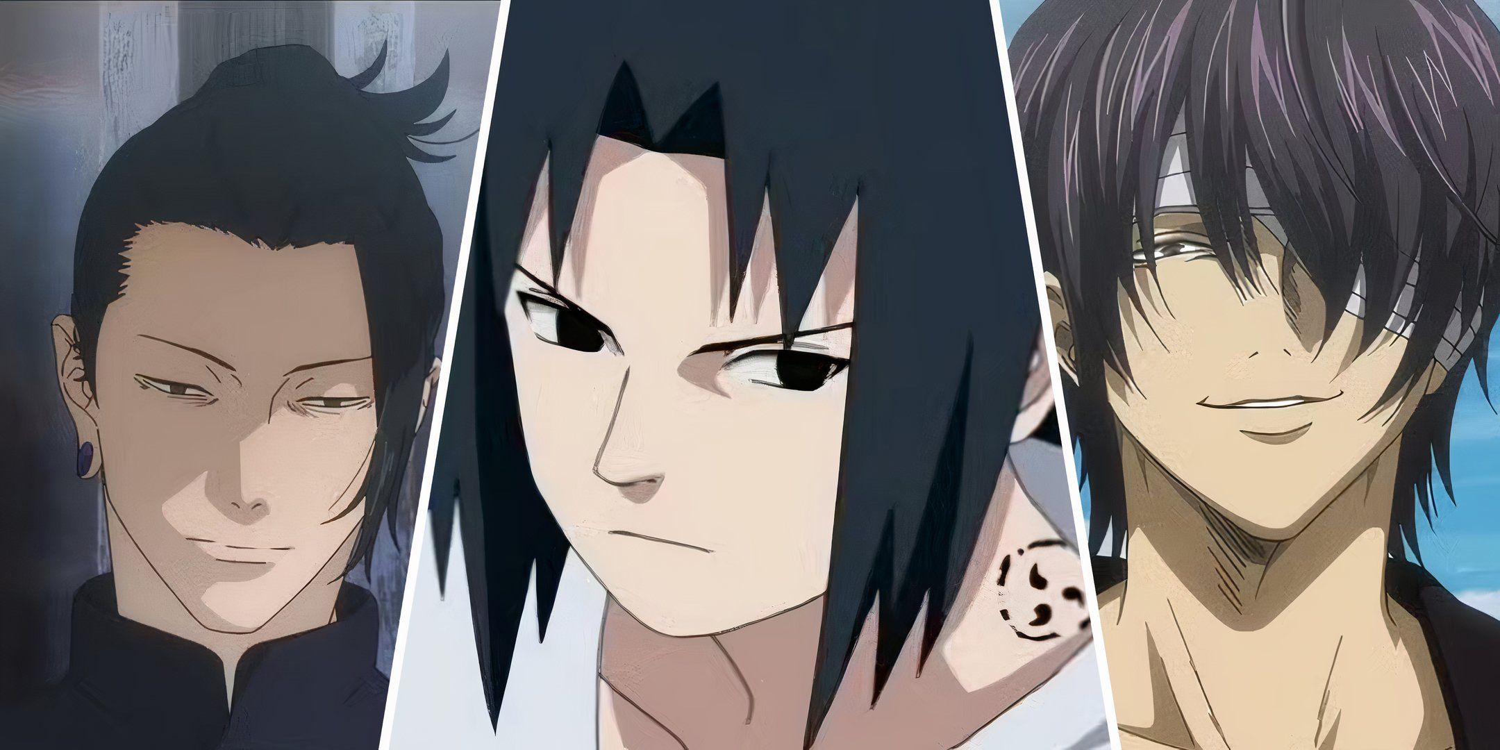 Three image collage of Geto, Sasuke, and Takasugi.