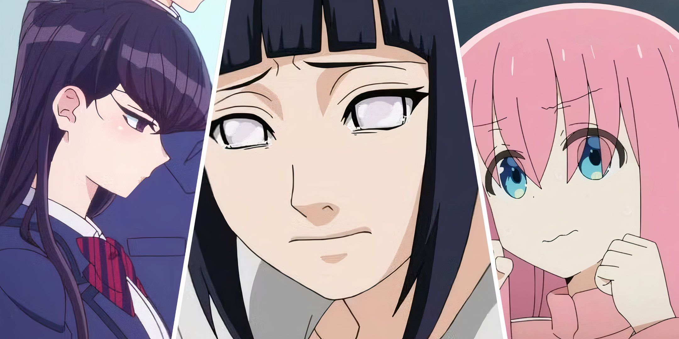 Featured image of the article 8 Best Shy Characters In Anime showcasing Komi, Hinata, and Bocchi.