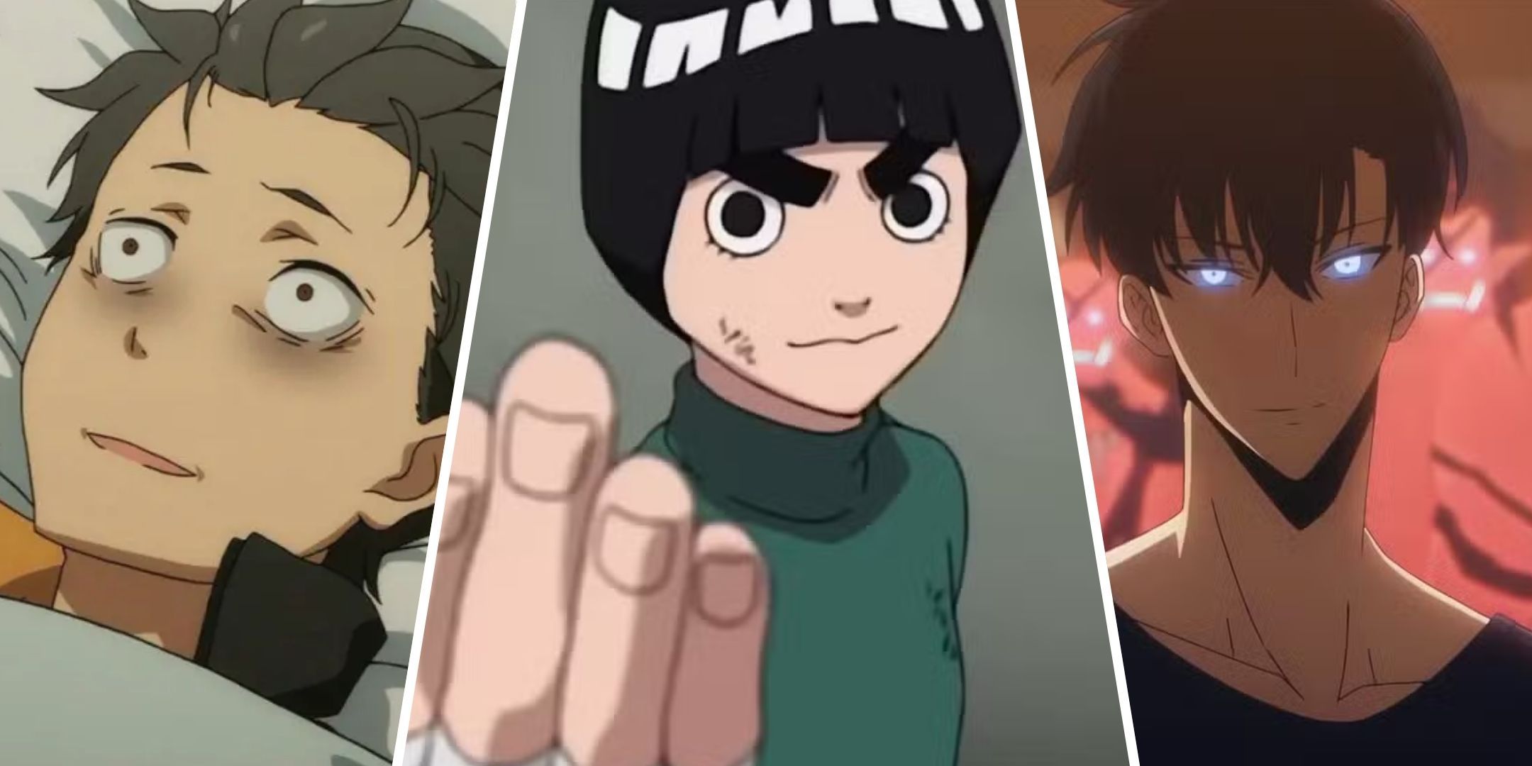 Featured image of the article 8 Hardest Working Anime Characters showcasing Subaru, Rock Lee, and Sung Jinwoo.