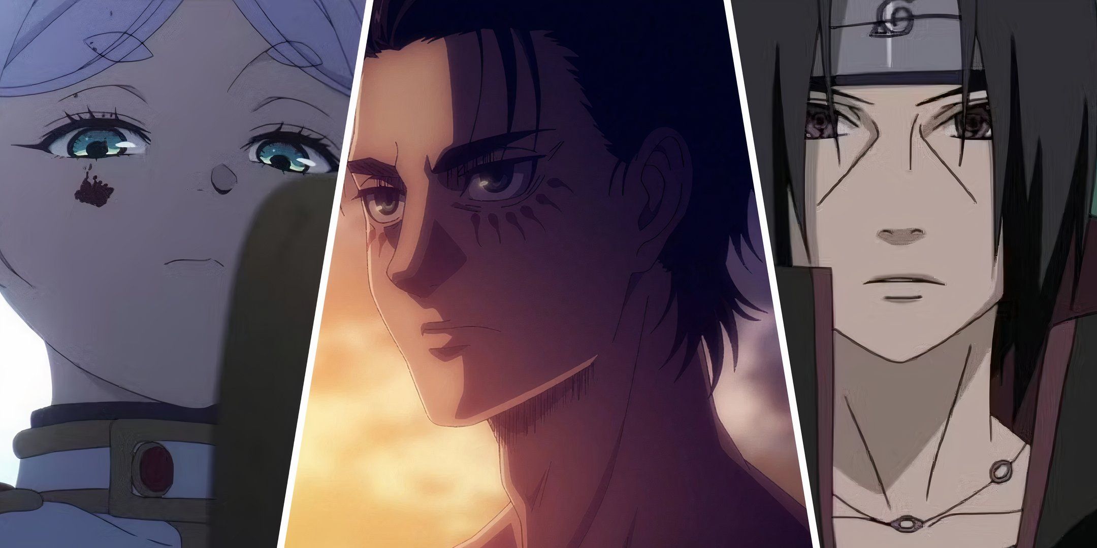 Featured image of the article 8 Most Well-Written Anime Characters showcasing Frieren, Eren, and Itachi.