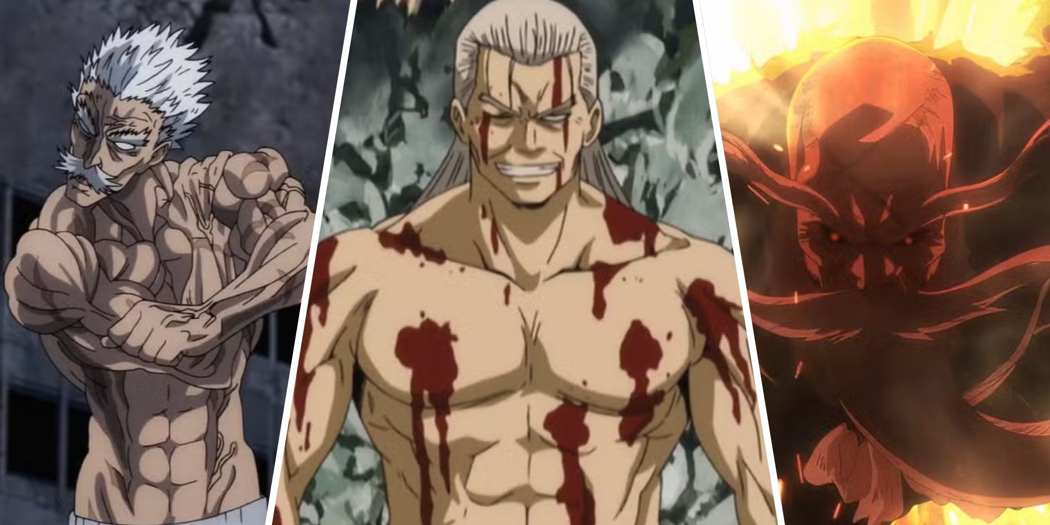 A collage showcasing Silver Fang from One Punch Man, Housen from Gintama, and Yamamoto.