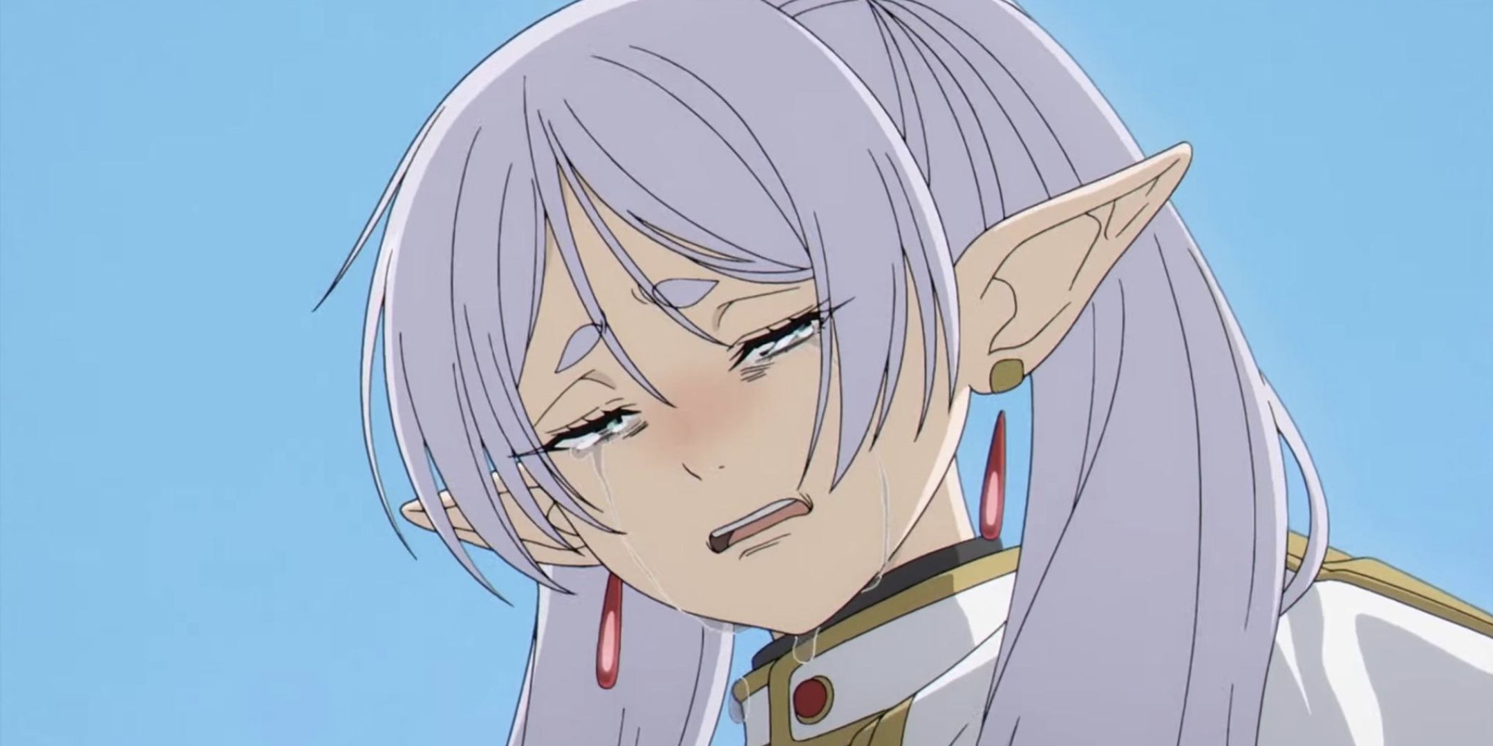 Frieren cries during Himmel's funeral in Frieren Beyond Journey's End.