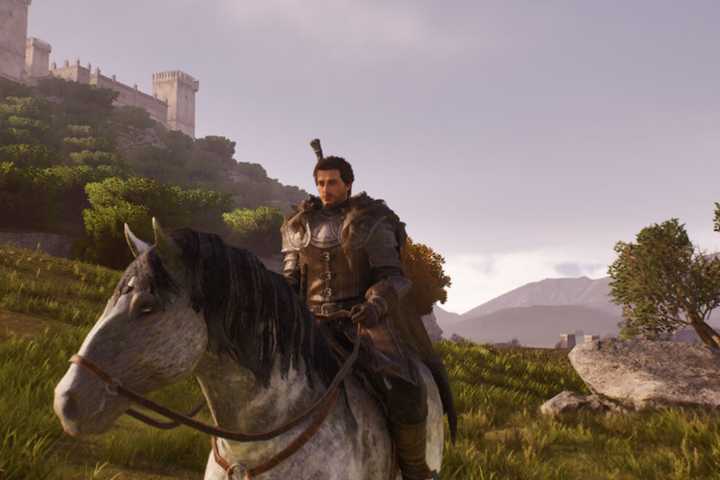 A character riding a horse through a field in Game of Thrones: Kingsroad
