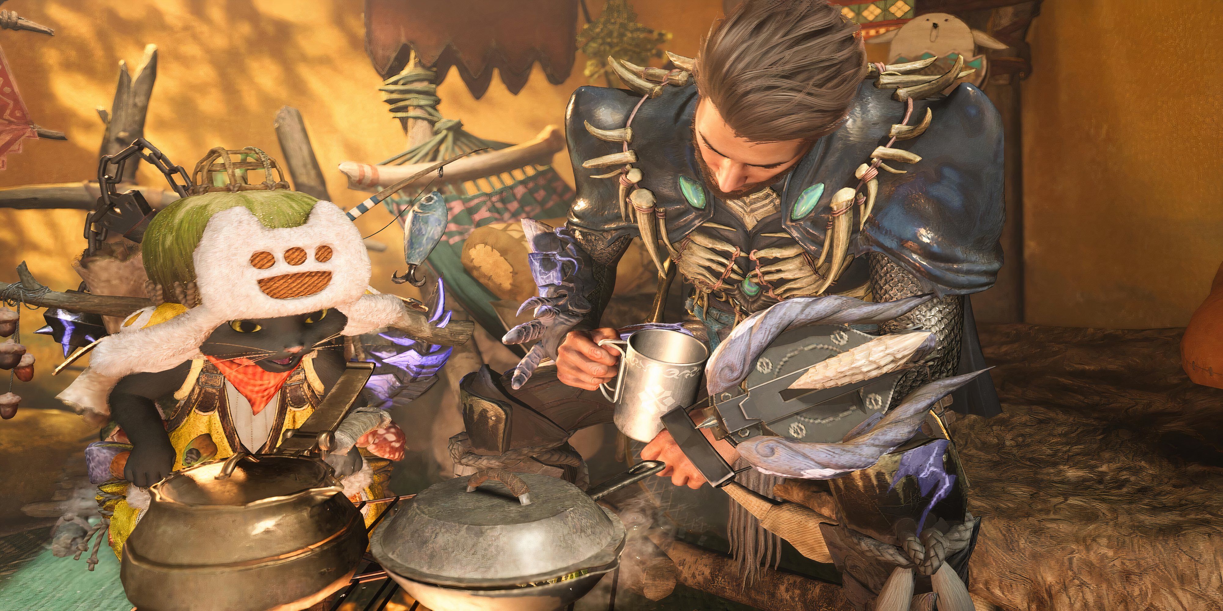 hunter and palico cooking in monster hunter wilds.
