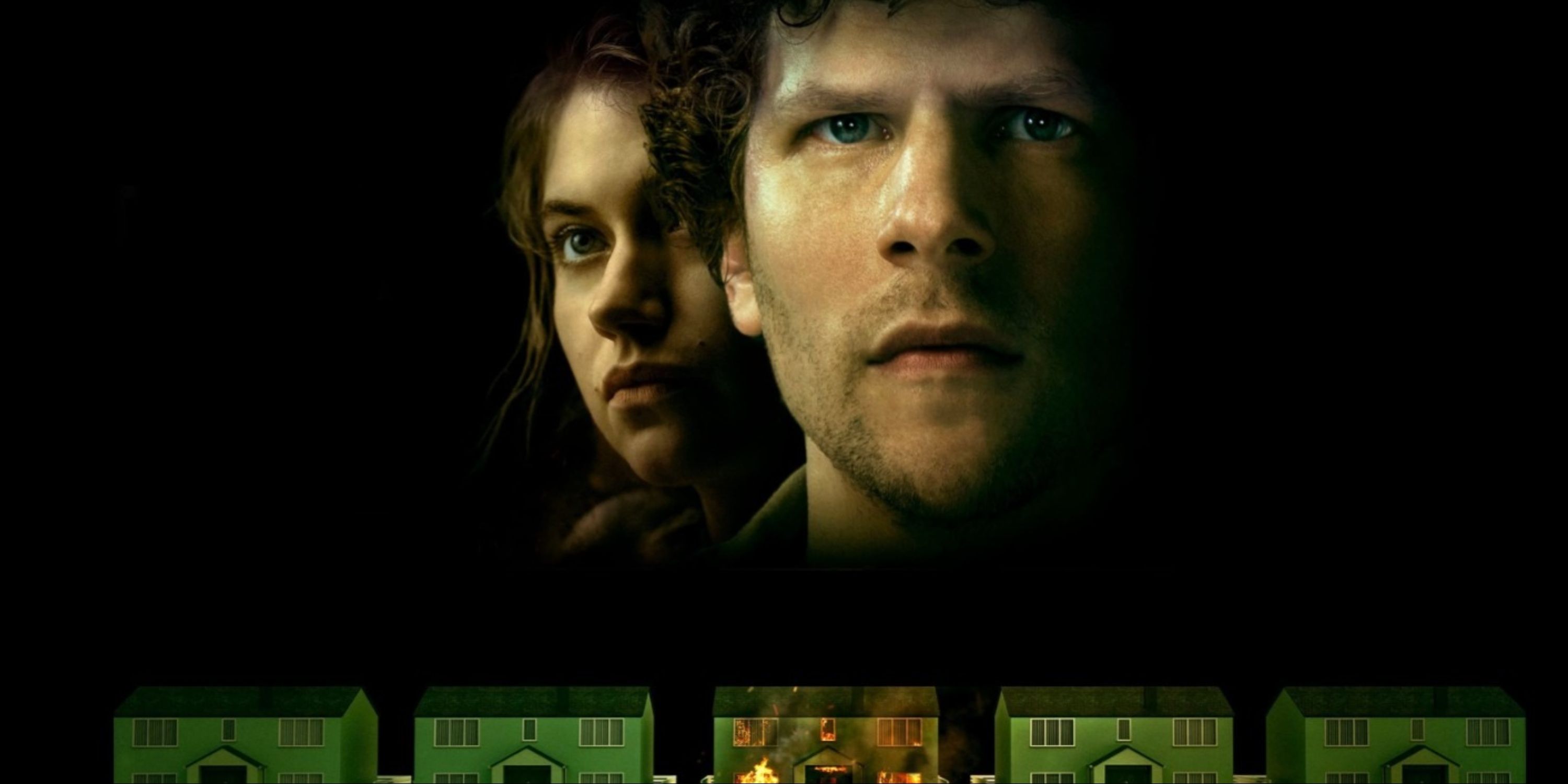 Jesse Eisenberg and Imogen Poots fading into the darkness above identical green houses on the main art for Vivarium.