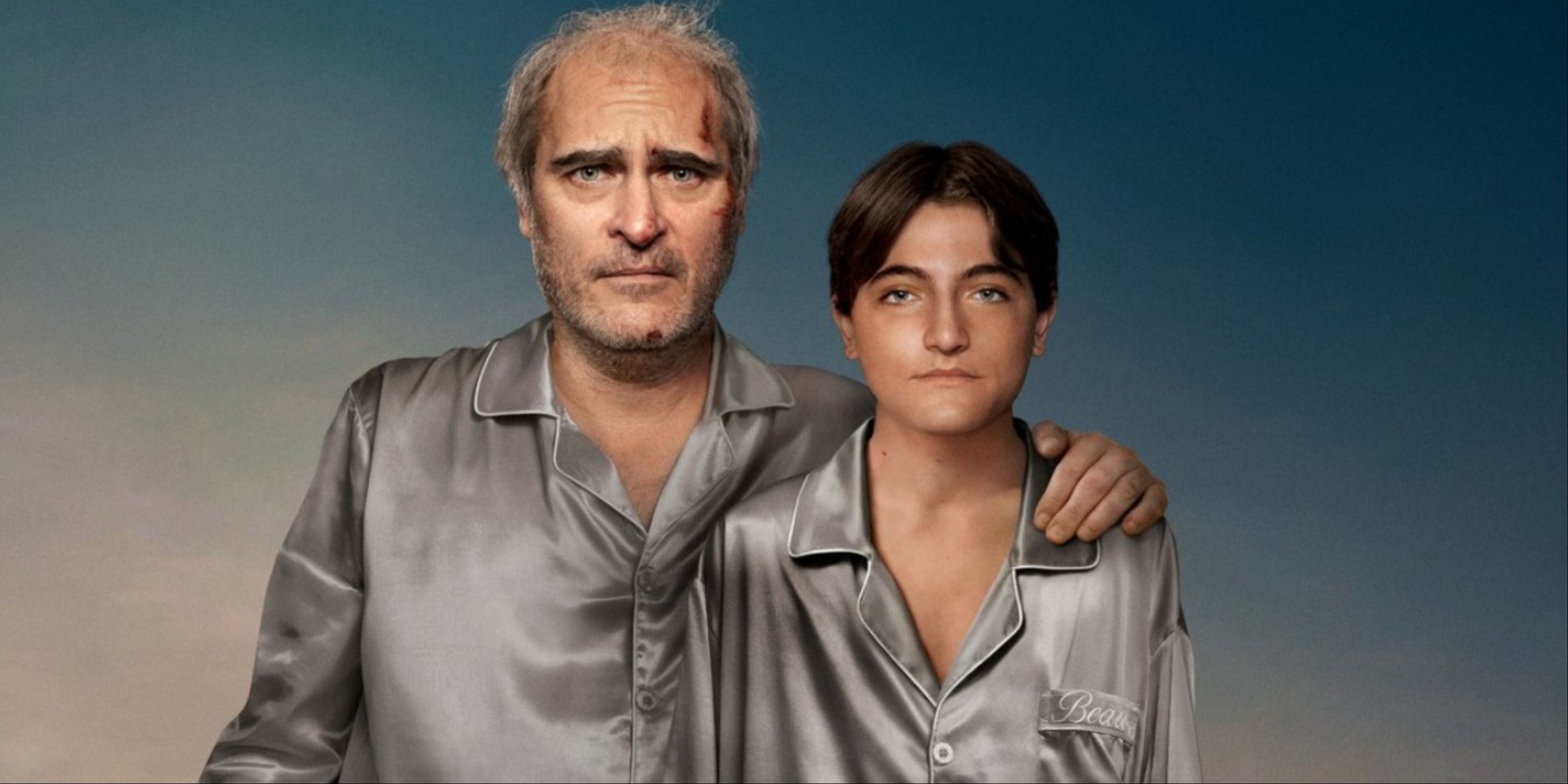 Joaquin Phoenix and Armen Nahapetian on the main art for Ari Aster's Beau Is Afraid.