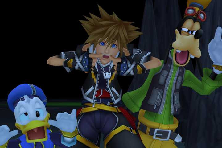 Sora, Donald, and Goofy making silly faces in Kingdom Hearts 2.