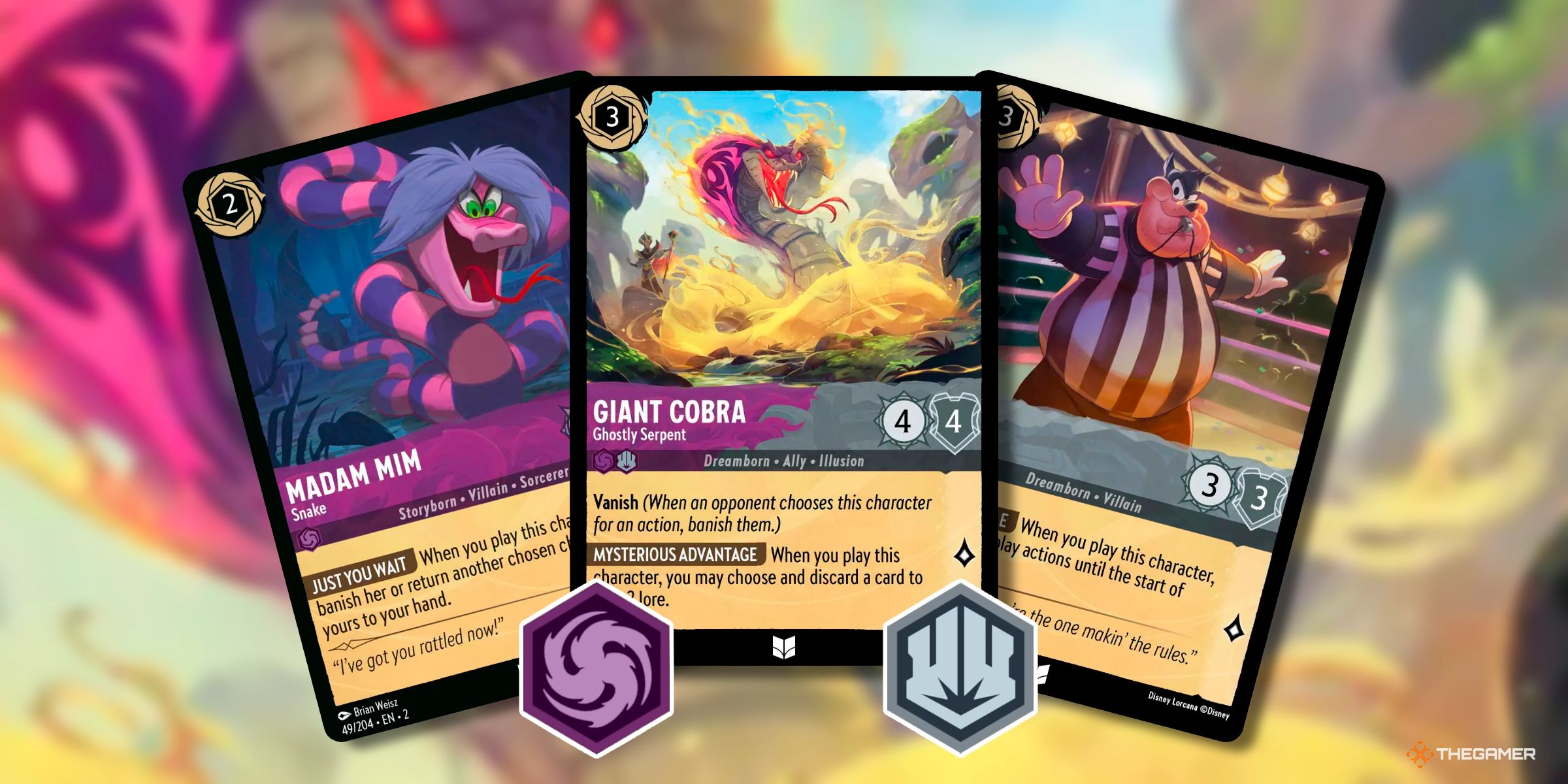 Madam Mim - Snake, Giant Cobra - Ghostly Serpent, And Pete - Games Referee Cards From Various Sets Of Disney Lorcana.