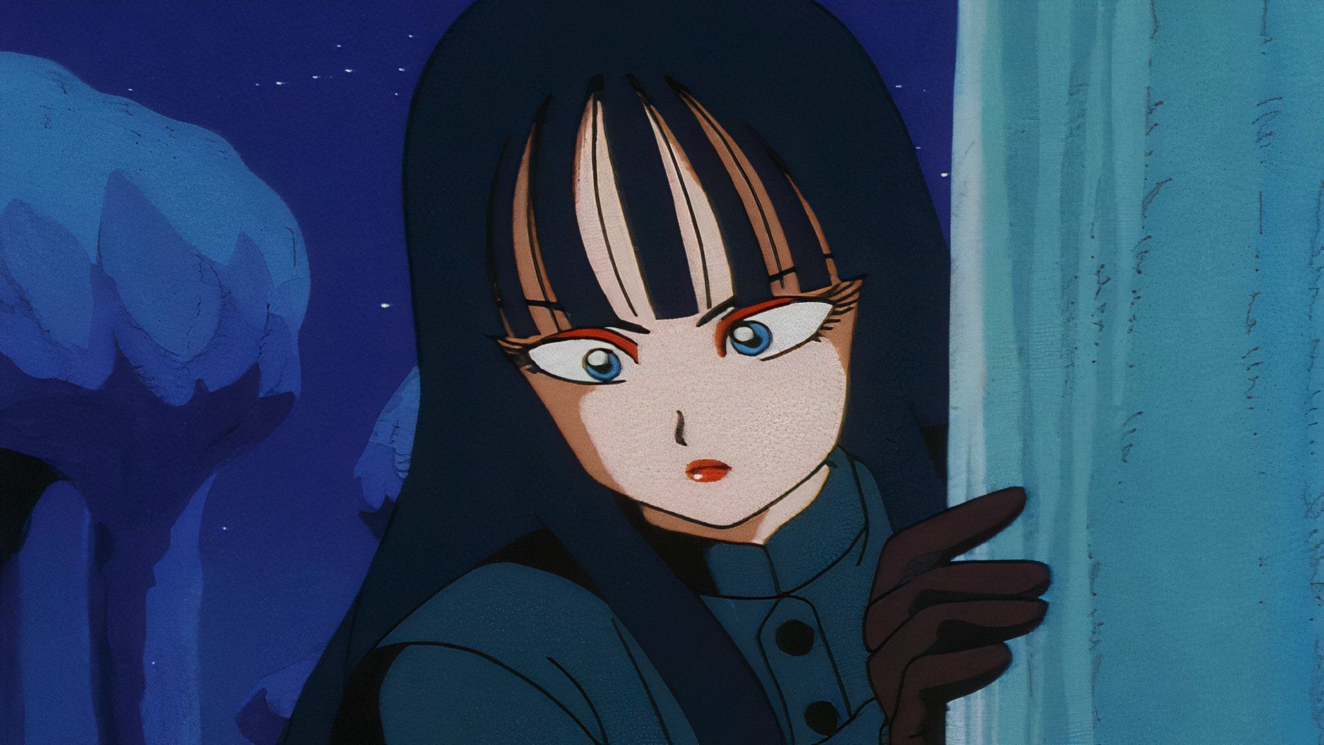 Mai peeks from behind a wall in Dragon Ball.