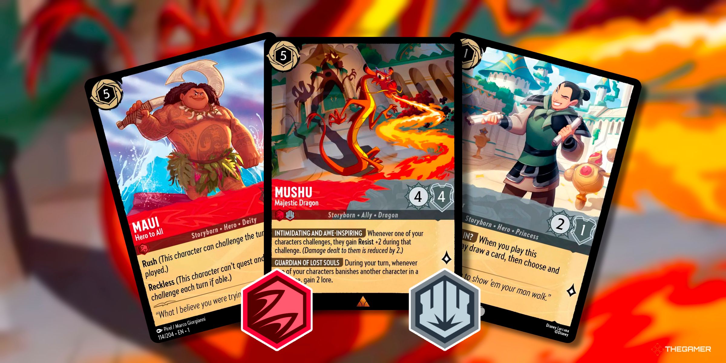 Maui - Hero To All, Mushu - Majestic Dragon, And Mulan - Disguised Soldier Cards From Various Sets Of Disney Lorcana.