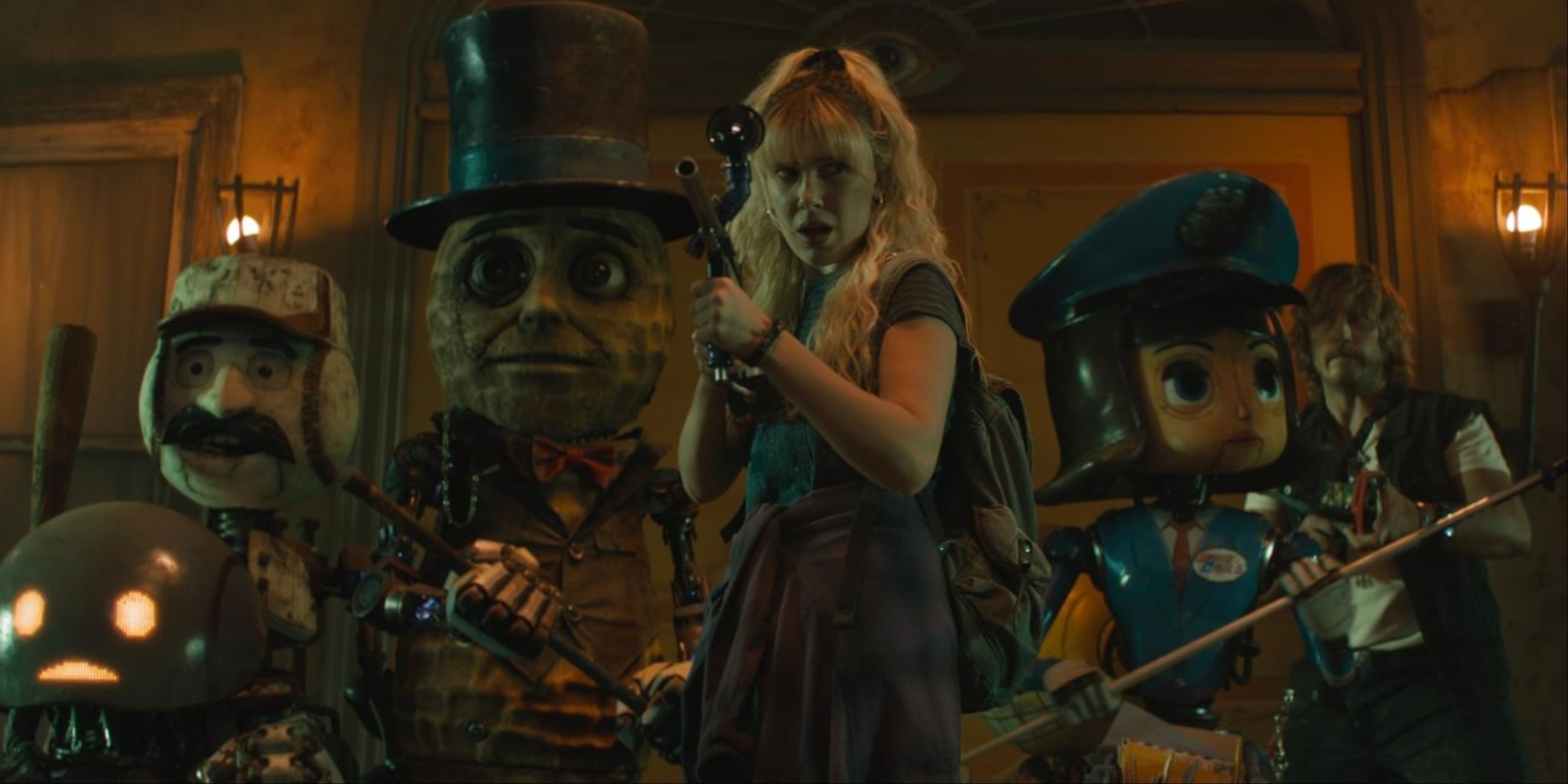 Millie Bobby Brown and Chris Pratt with some robot characters ready for battle in Netflix's The Electric State.