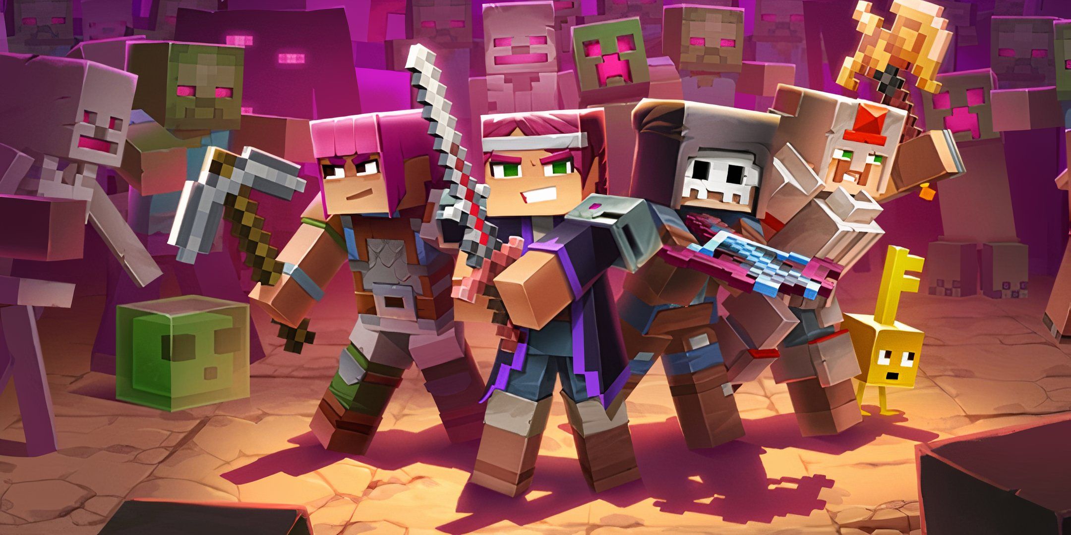 Minecraft Dungeons keyart showing several characters wielding weapons
