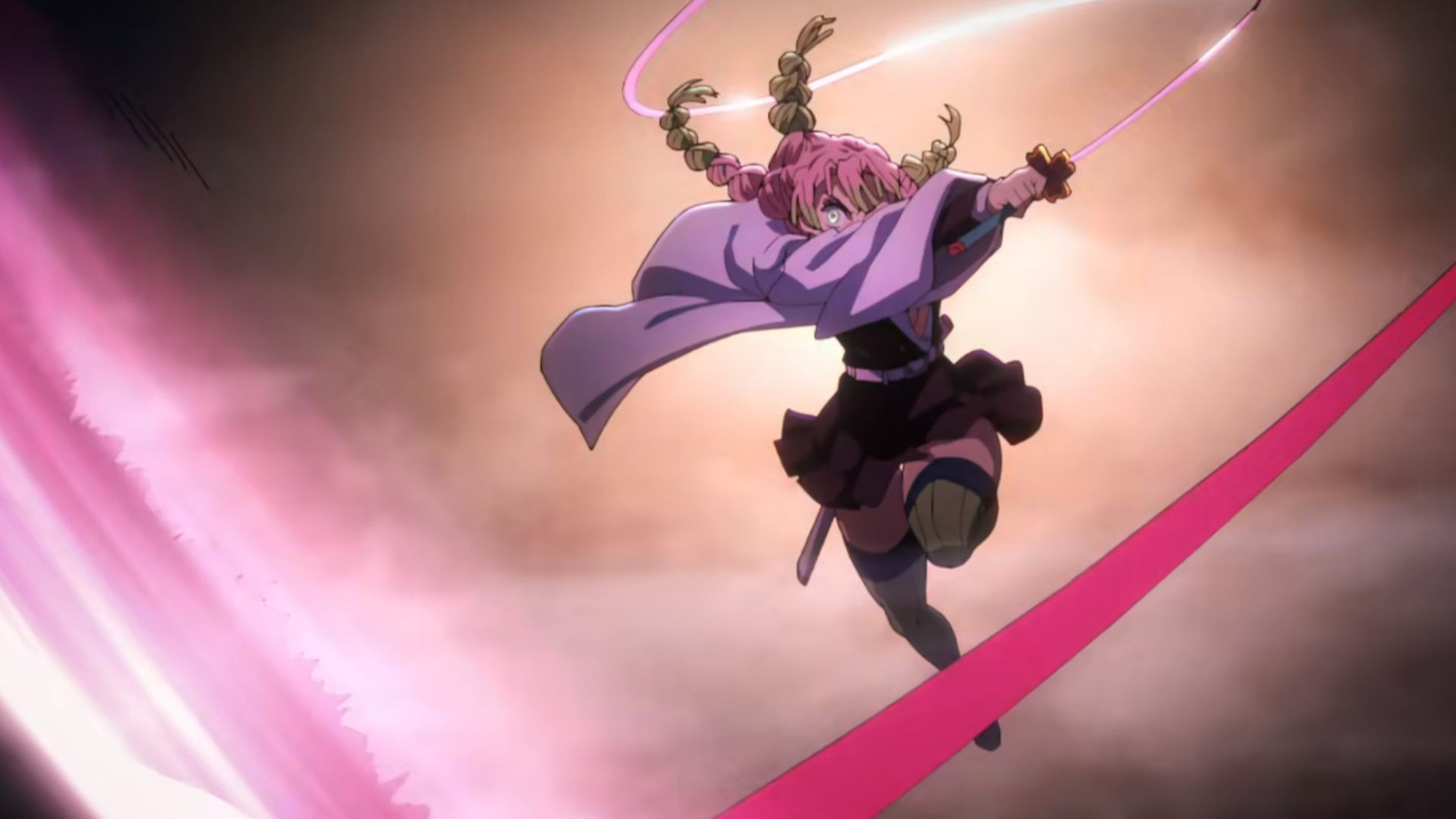 Mitsuri Kanroji from Demon Slayer using love breathing.