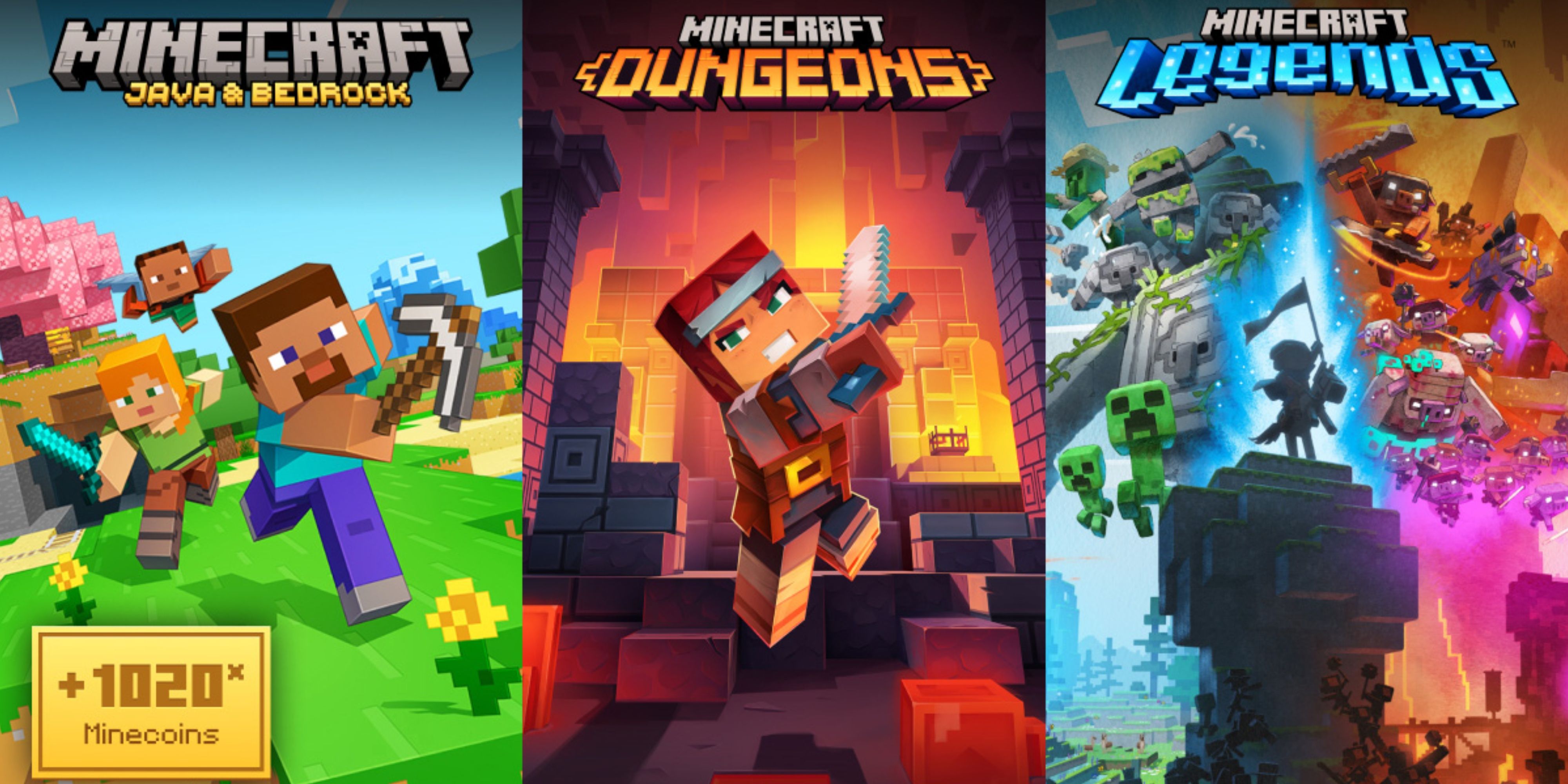 minecraft, minecraft dungeons, and minecraft legends in the triple bundle.