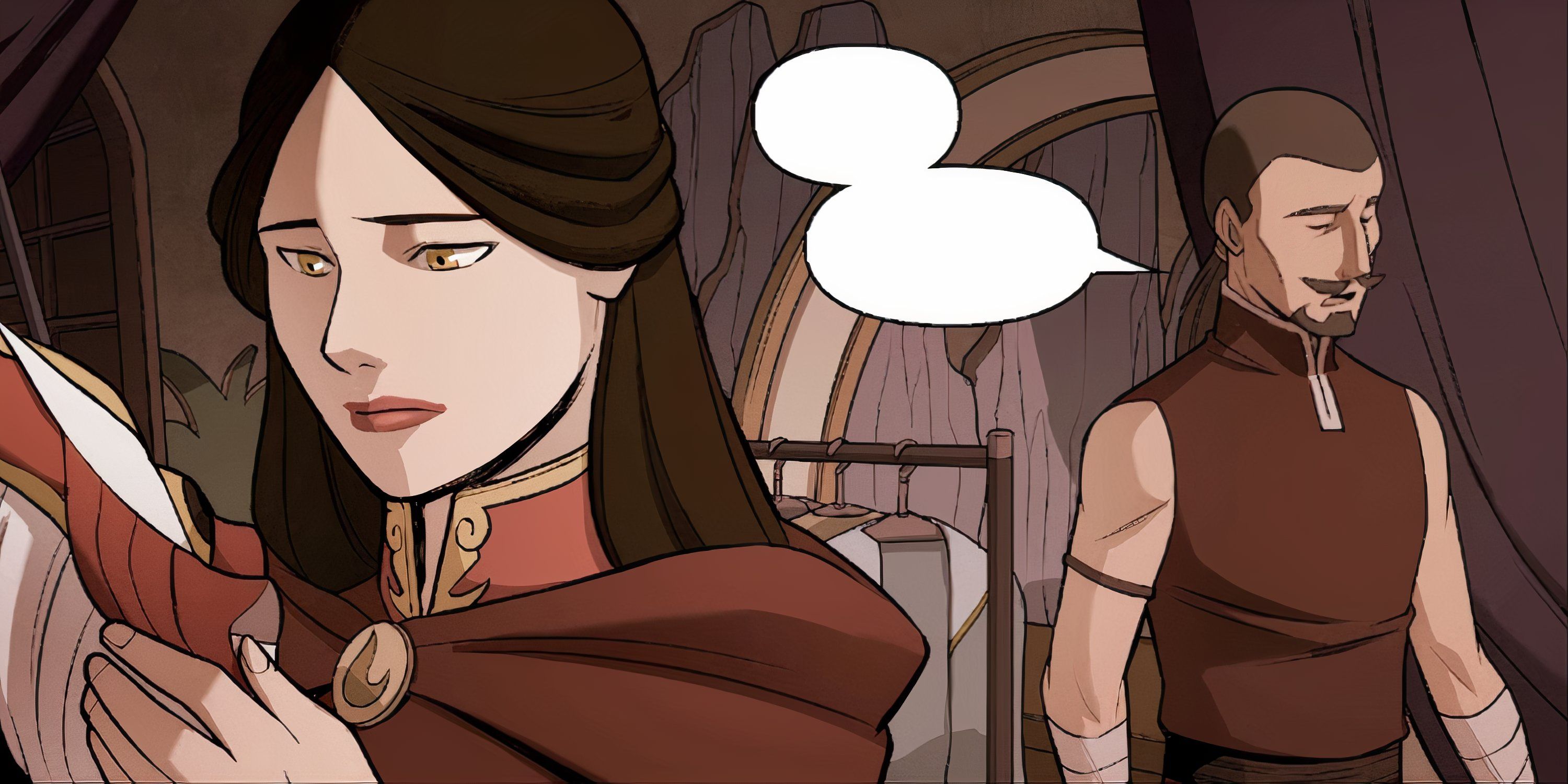 Ursa looks at a mask as Ikem speaks behind her.