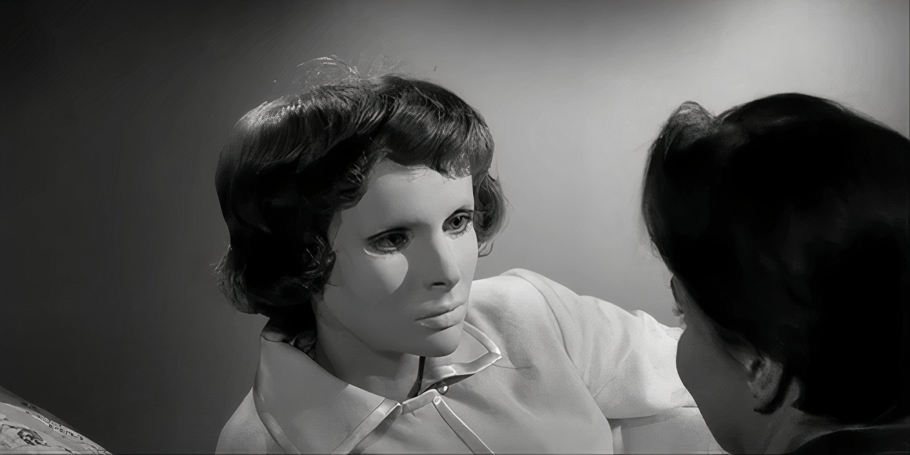 Christiane wears a mask to cover her disfigured face in Eyes Without a Face.