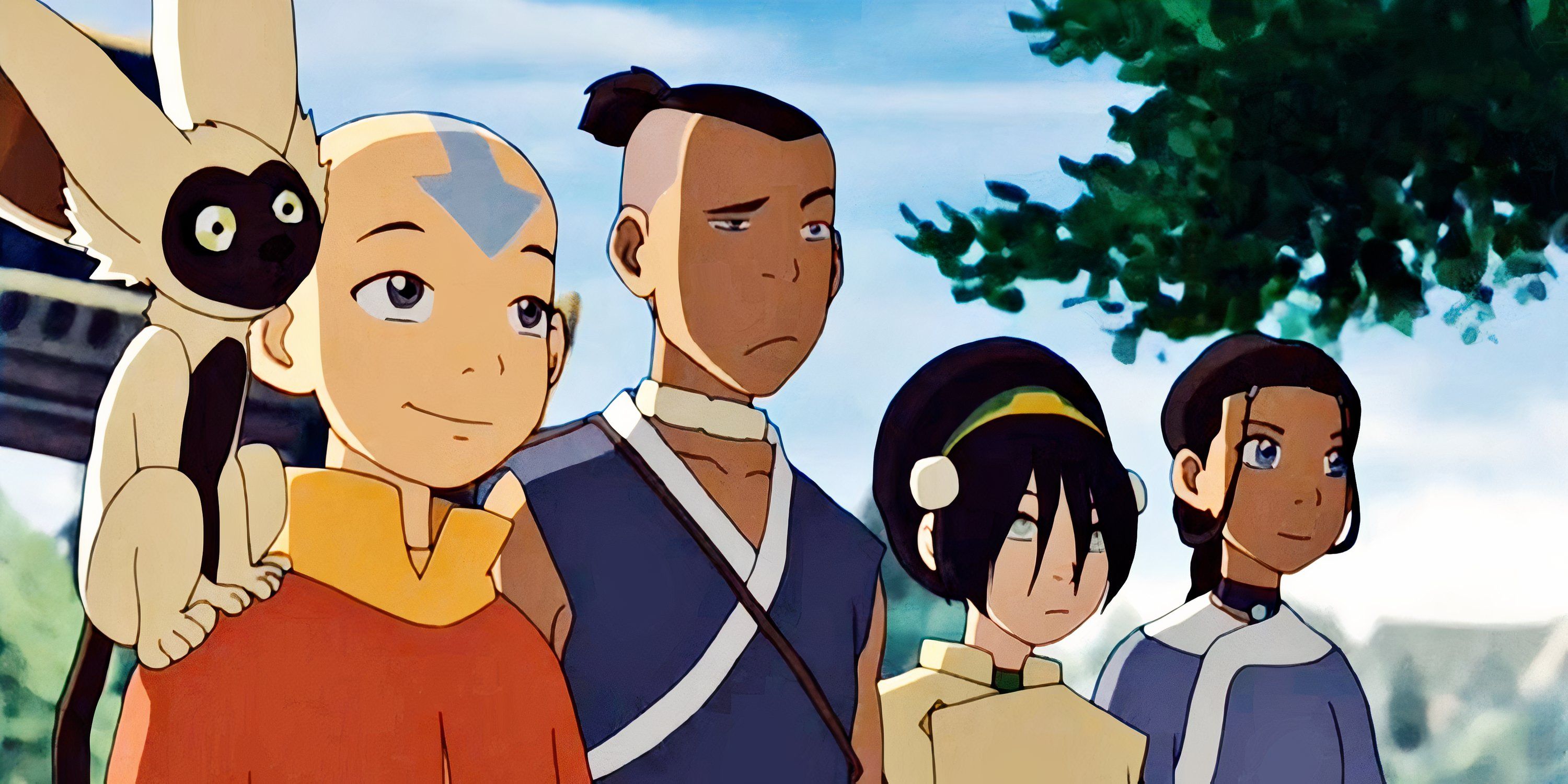 Aang and his friend standing side by side in Avatar the last Airbender. 