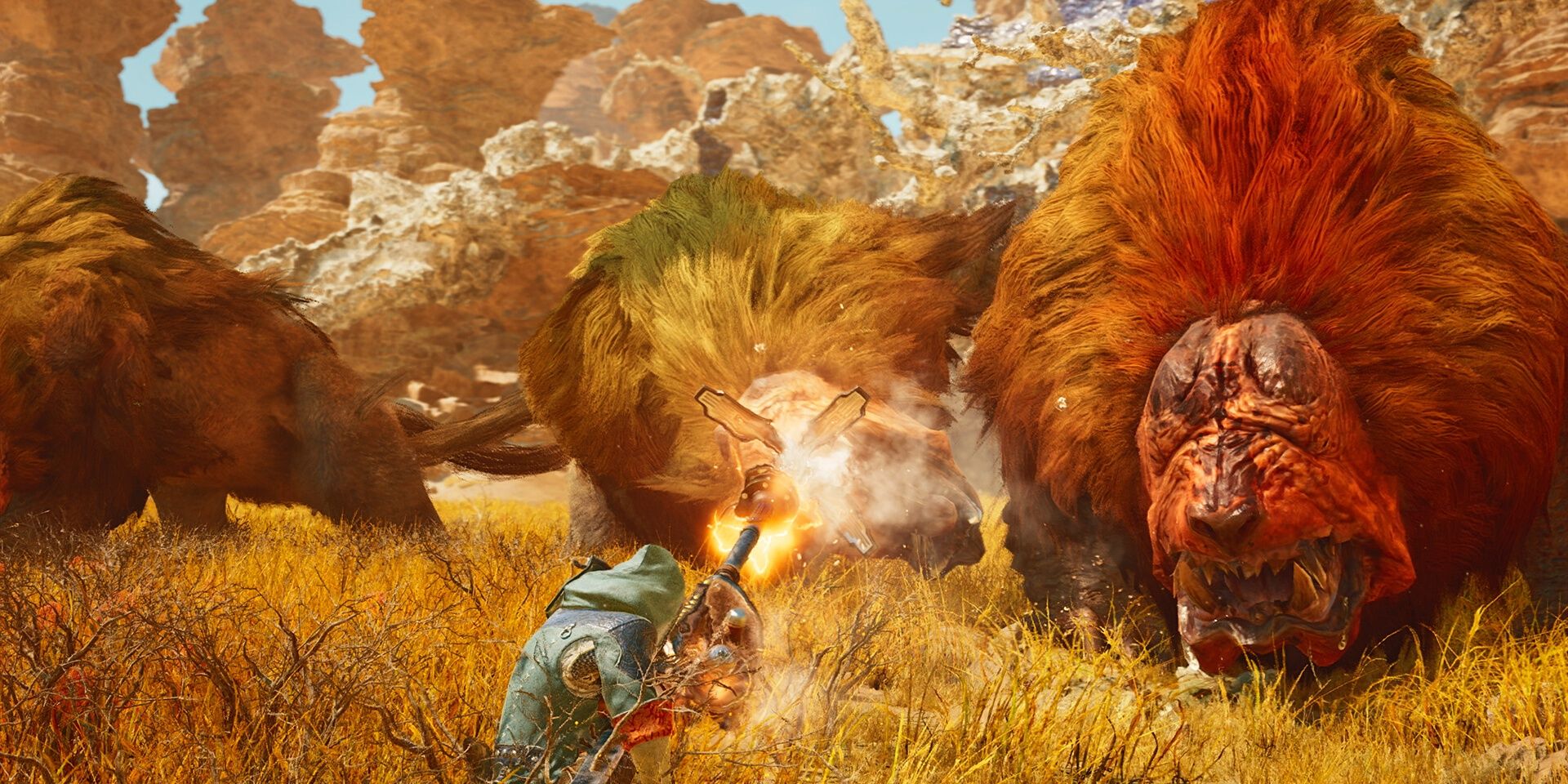 Monster Hunter Wilds - A hunter outnumbered by monsters in a field.