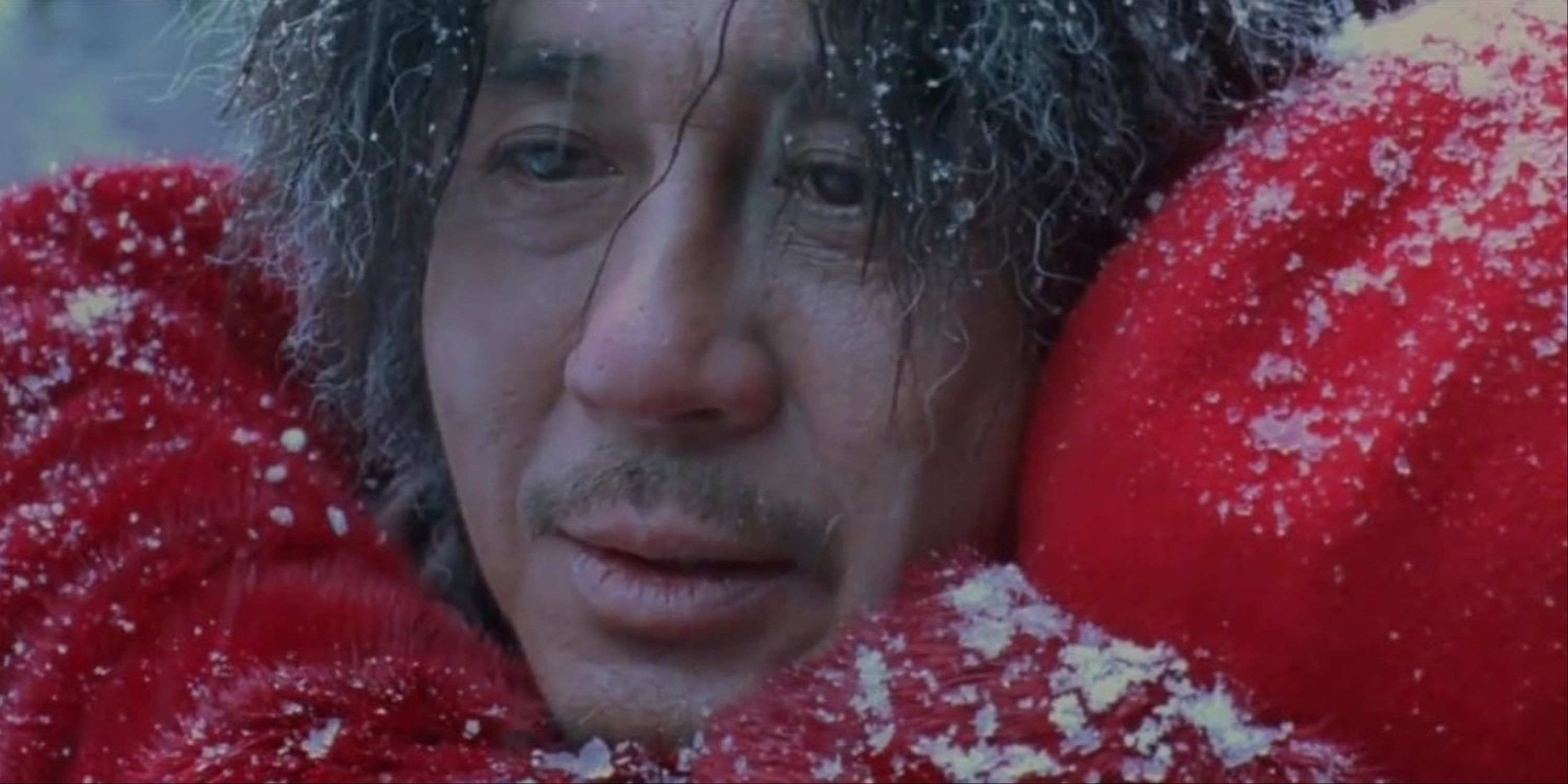 Oh Dae-su hugging Mi-do at the end of Oldboy as the snow falls.
