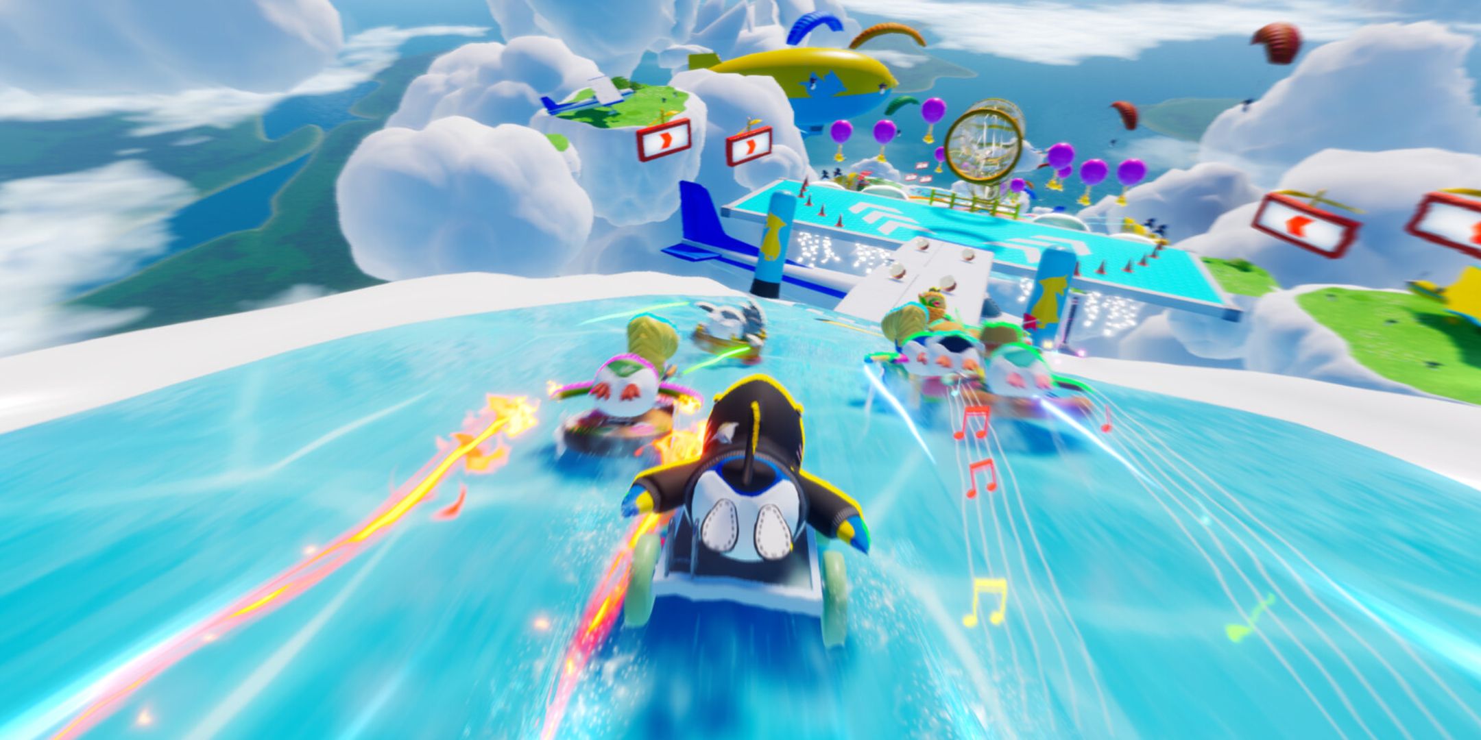 Penguin flying down a blue track in Faast Penguin.