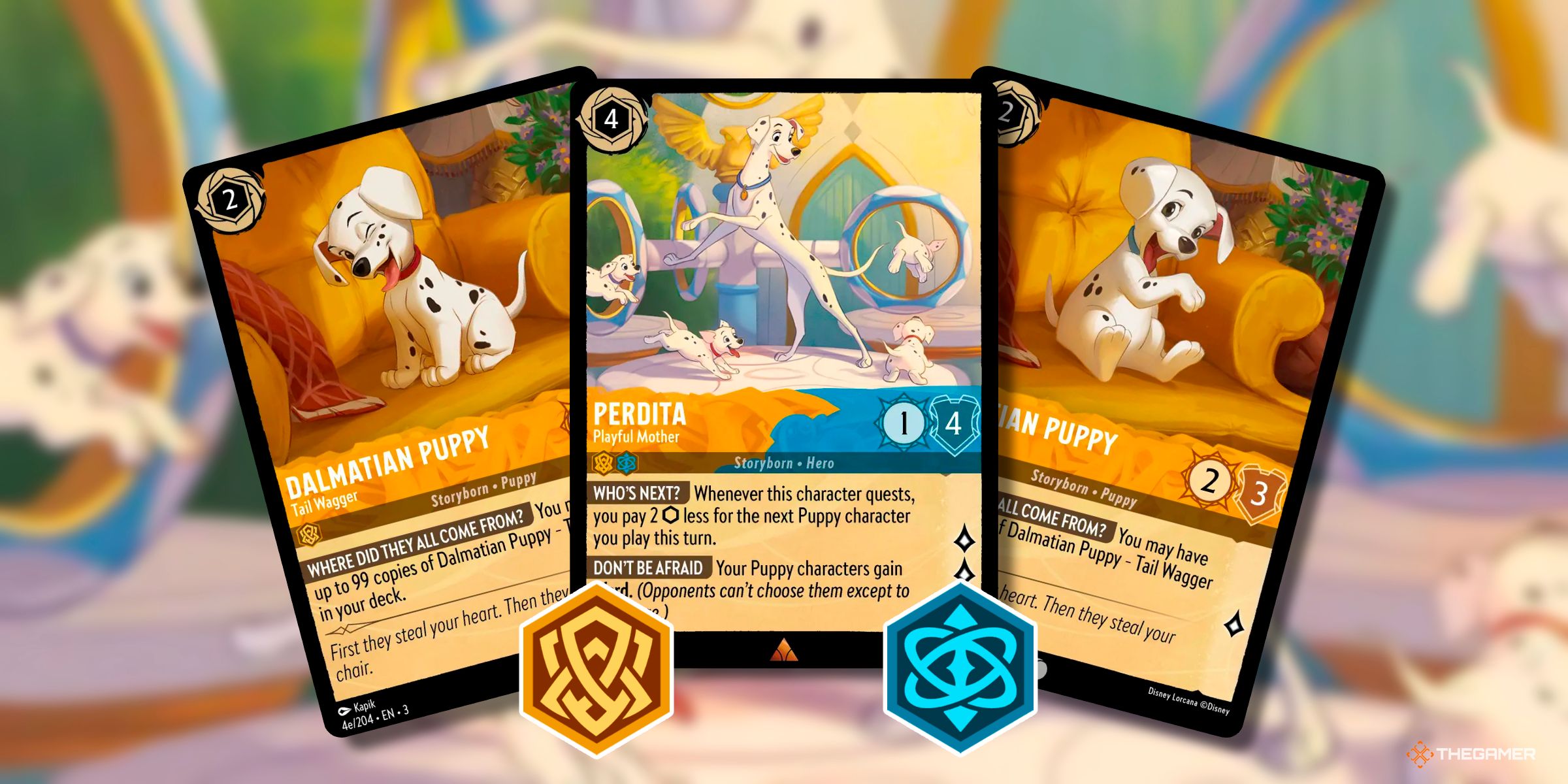 Perdita - Playful Mother Alongside Two Different Copies Of Dalmation Puppy - Tail Wagger From Various Sets Of Disney Lorcana.