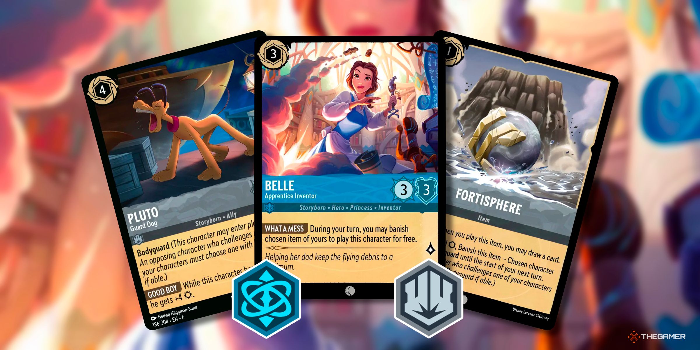 Pluto - Guard Dog, Belle - Apprentice Inventor, And Fortisphere Cards From Various Sets Of Disney Lorcana.