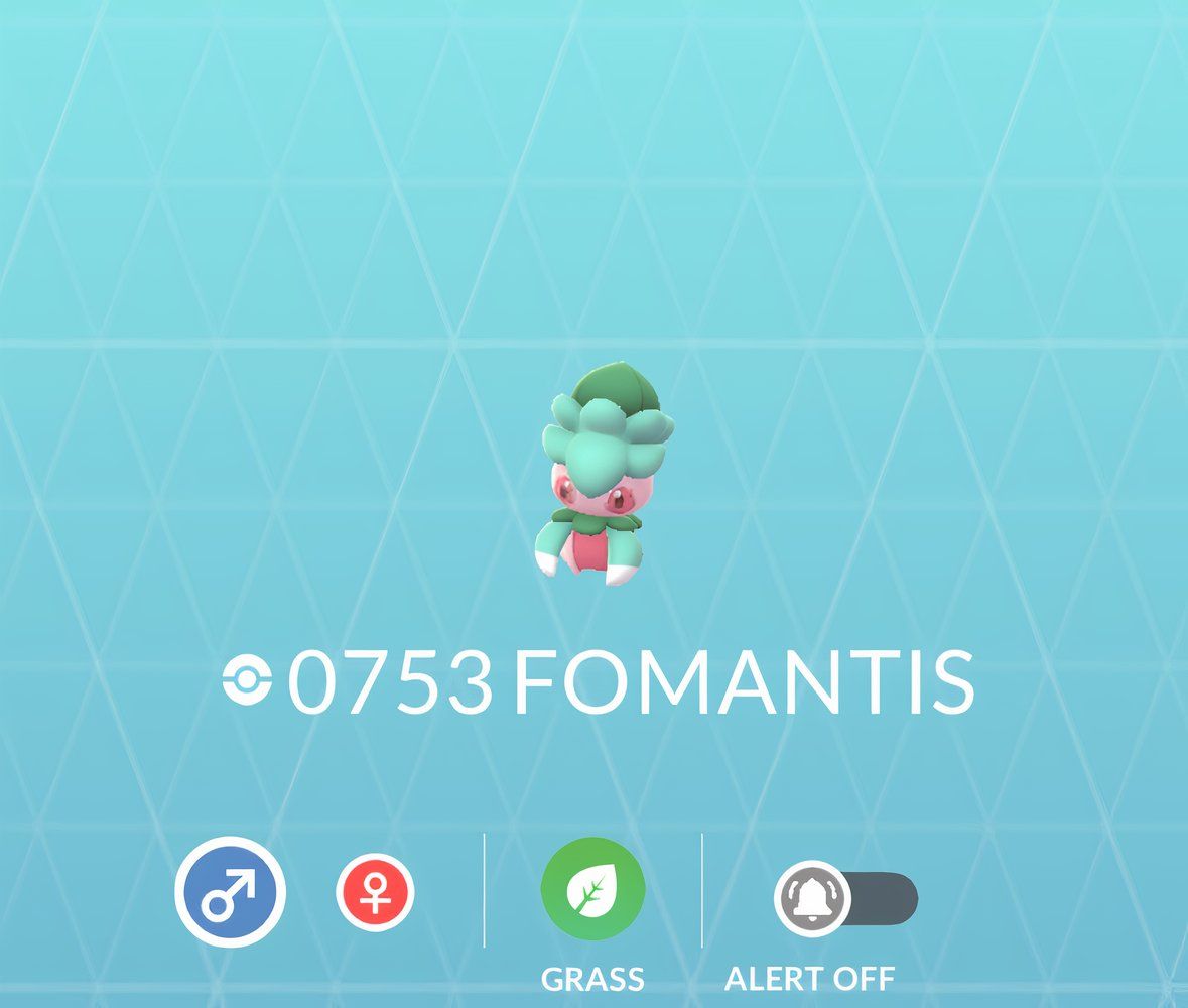 Fomantis's Pokedex screen from Pokemon Go.
