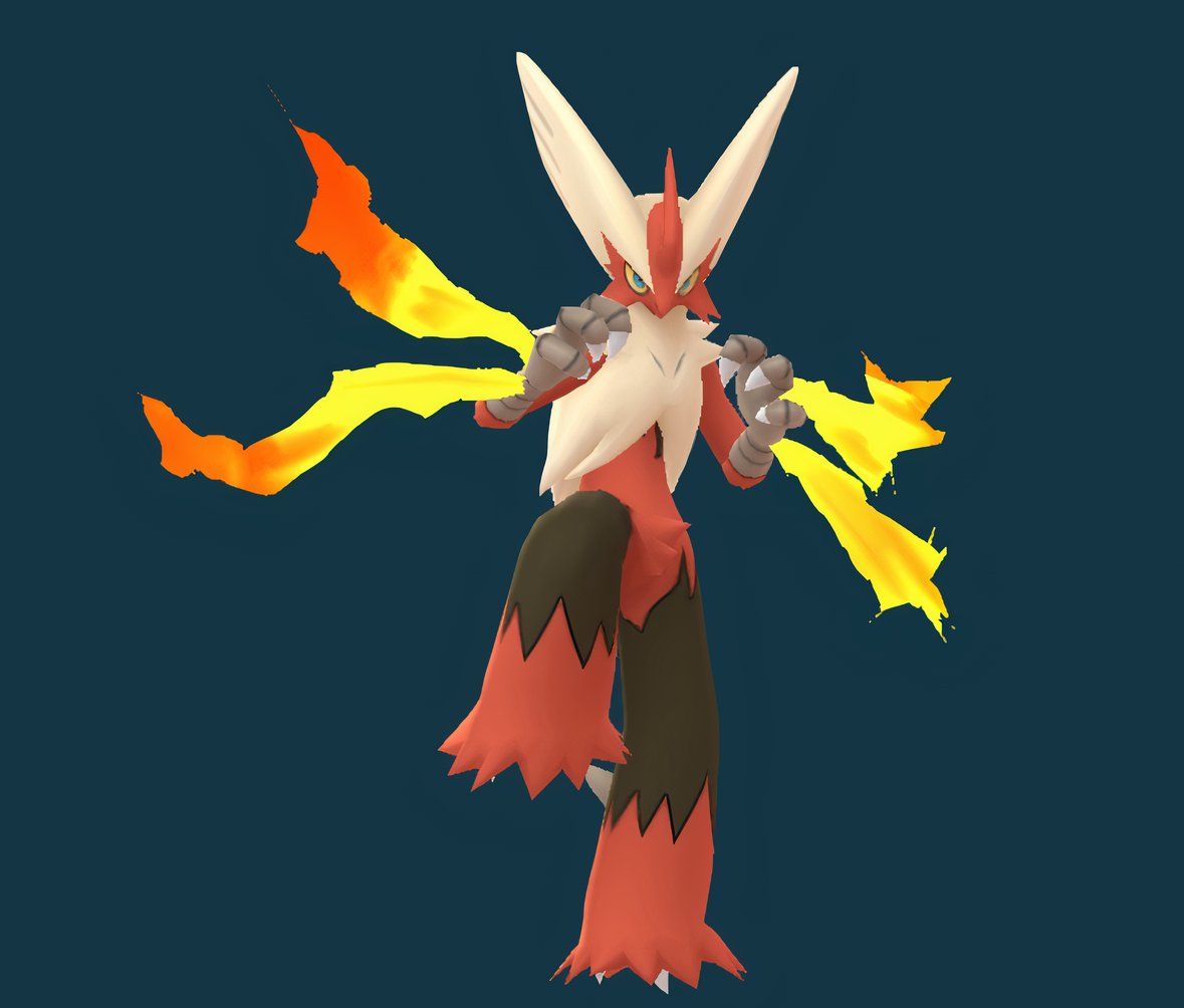Mega Blaziken from Pokemon Go with a dark blue background.