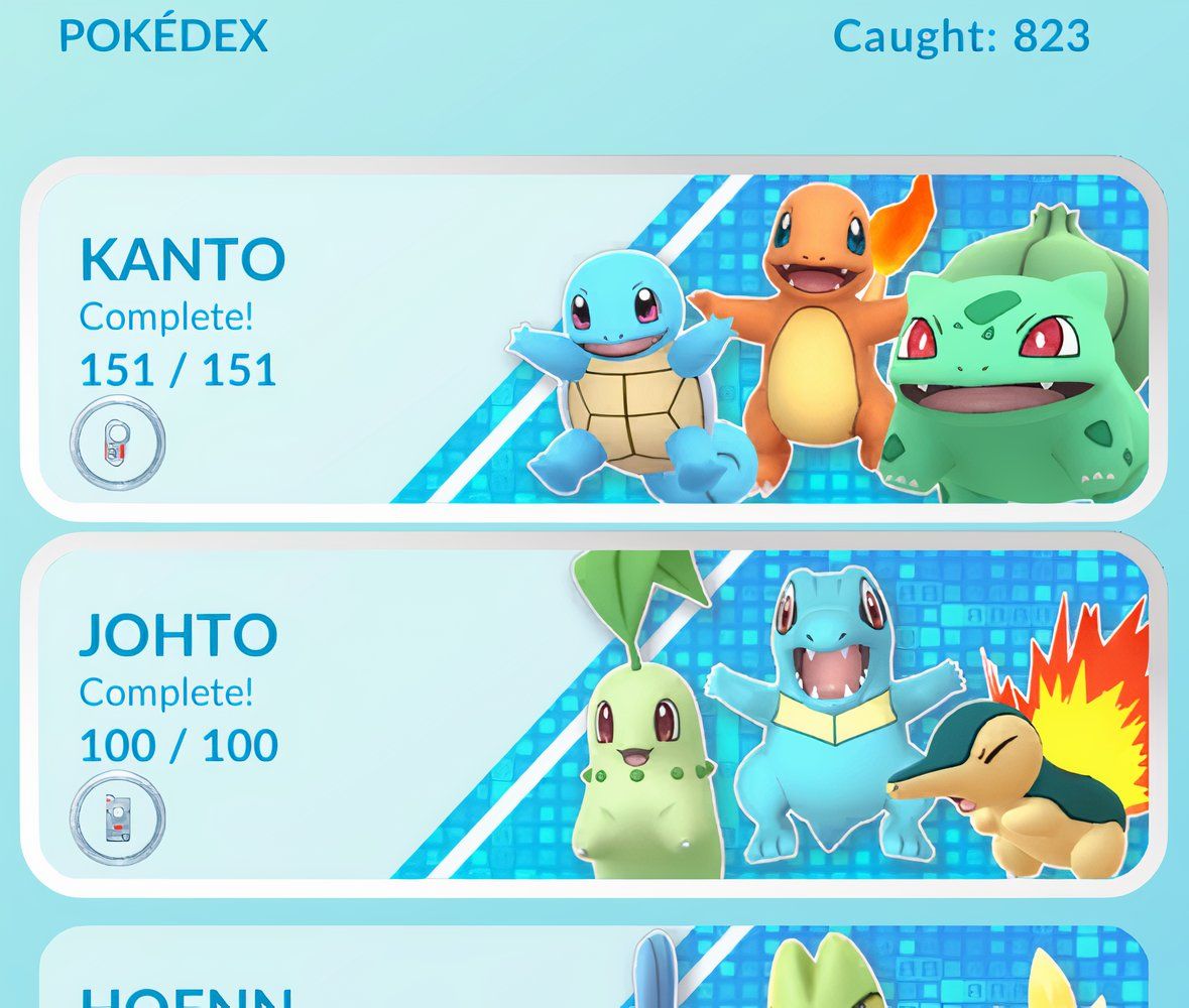 PokeDex screen showing Kanto and Johto from Pokemon Go.