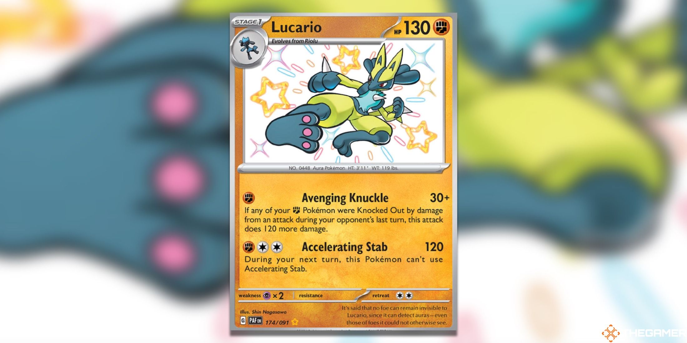 The Paldean Fates Lucario Shiny in Pokemon TCG.
