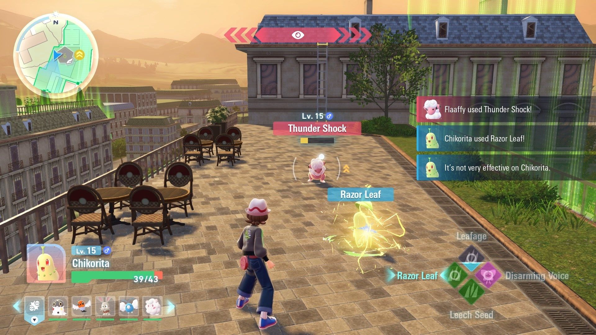 The player battles on a rooftop in Pokemon Legends Z-A. 