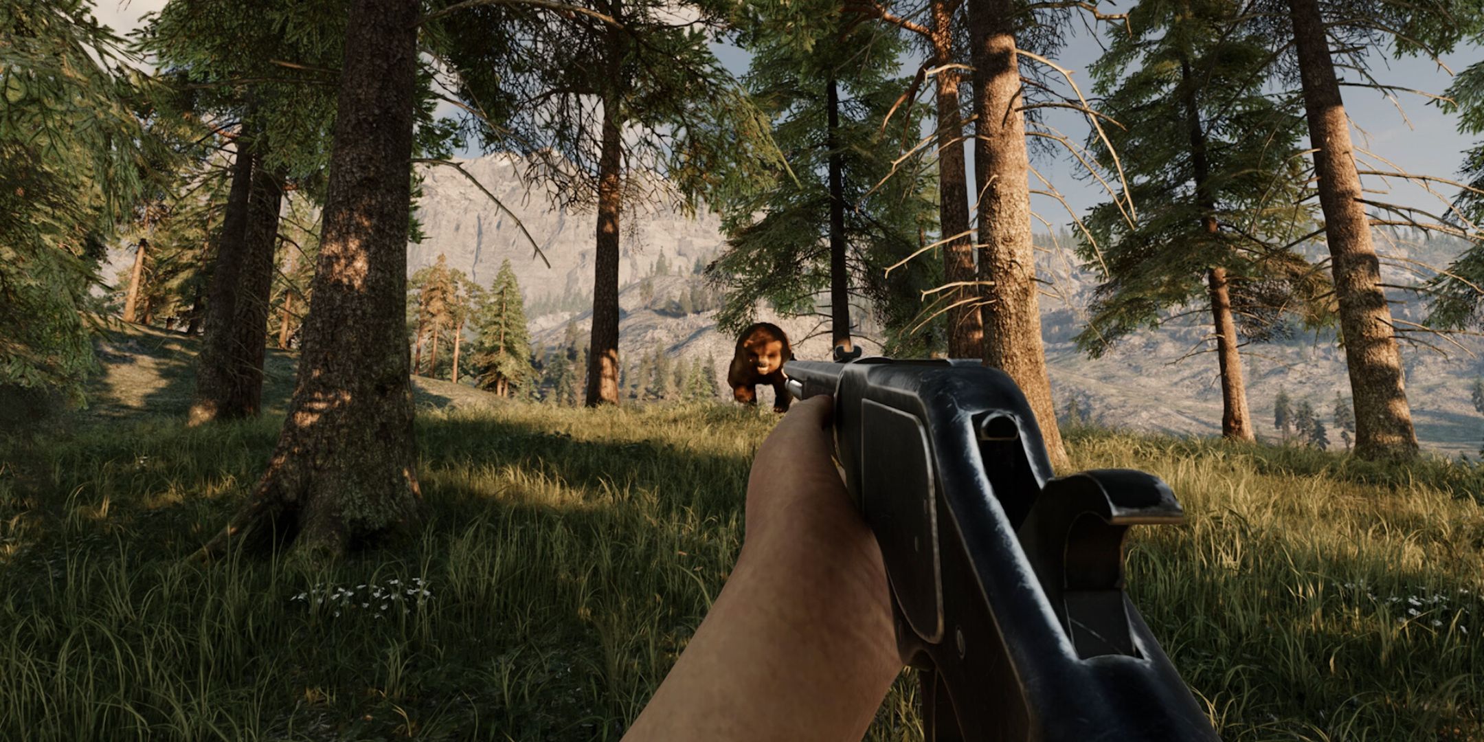the player takes aim at a charging bear in ranch simulator.