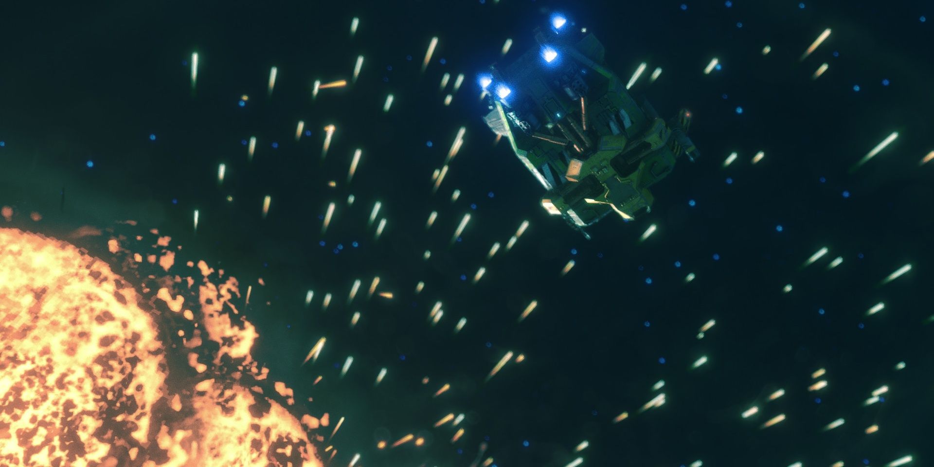 Rebel Galaxy Outlaw: A ship being battered by objects from a star.