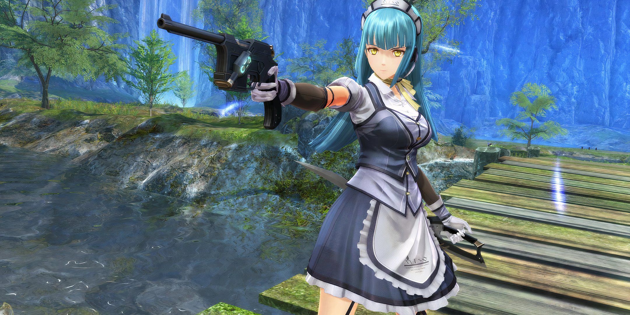 Risette Twinings points her gun at something off camera in The Legend of Heroes: Trails Through Daybreak 2