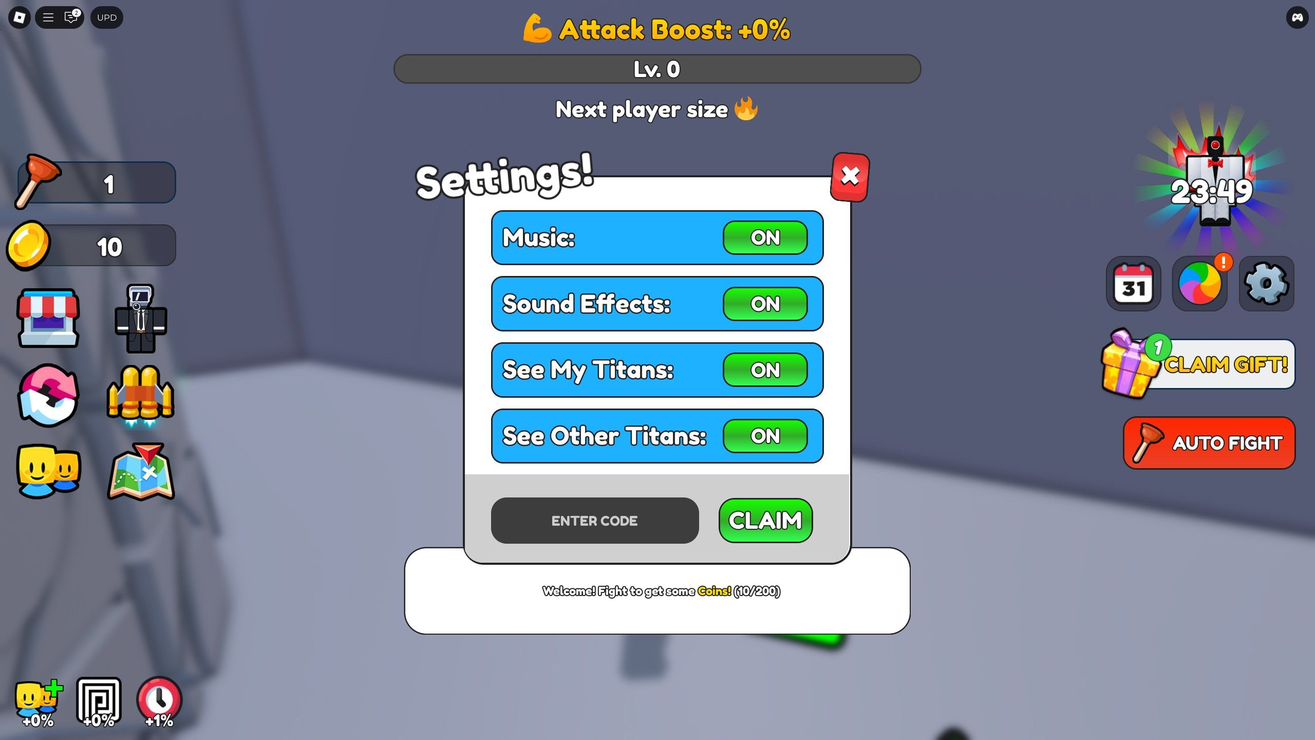 the settings menu in Merge Titan Army on Roblox