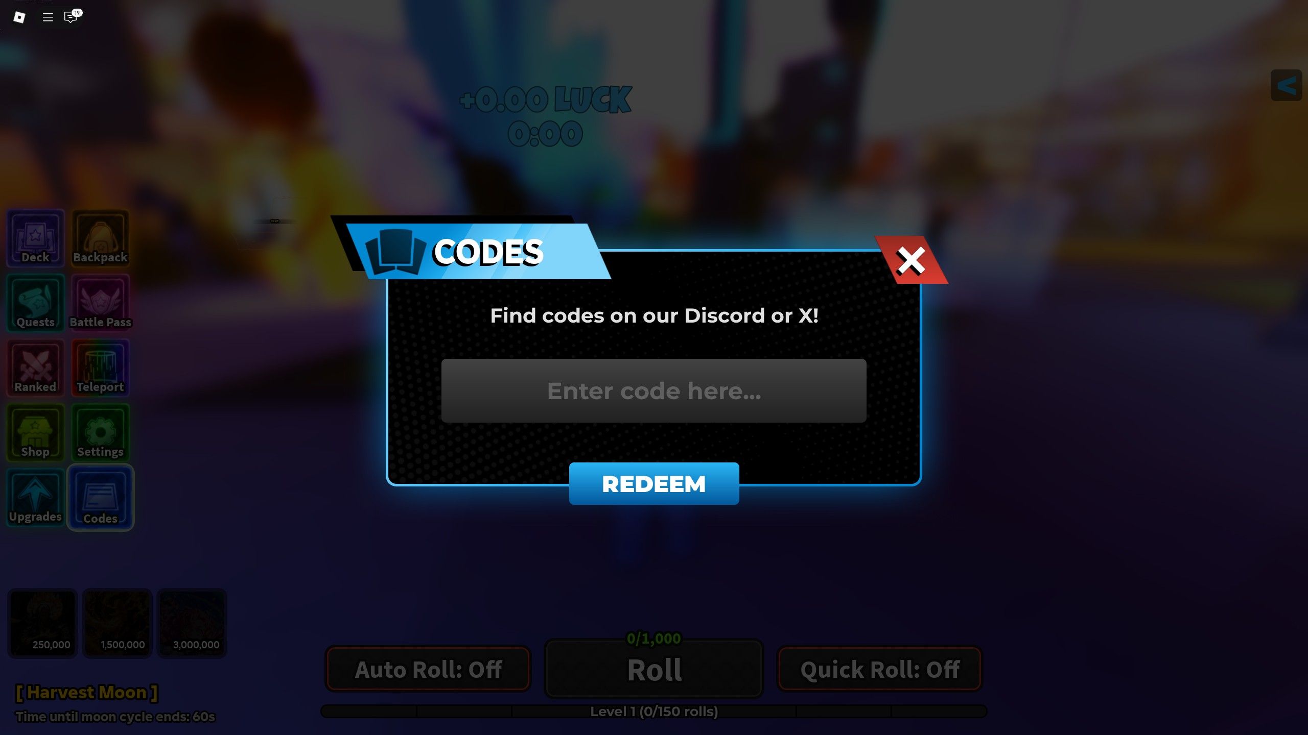 the codes box in Anime Card Clash on Roblox